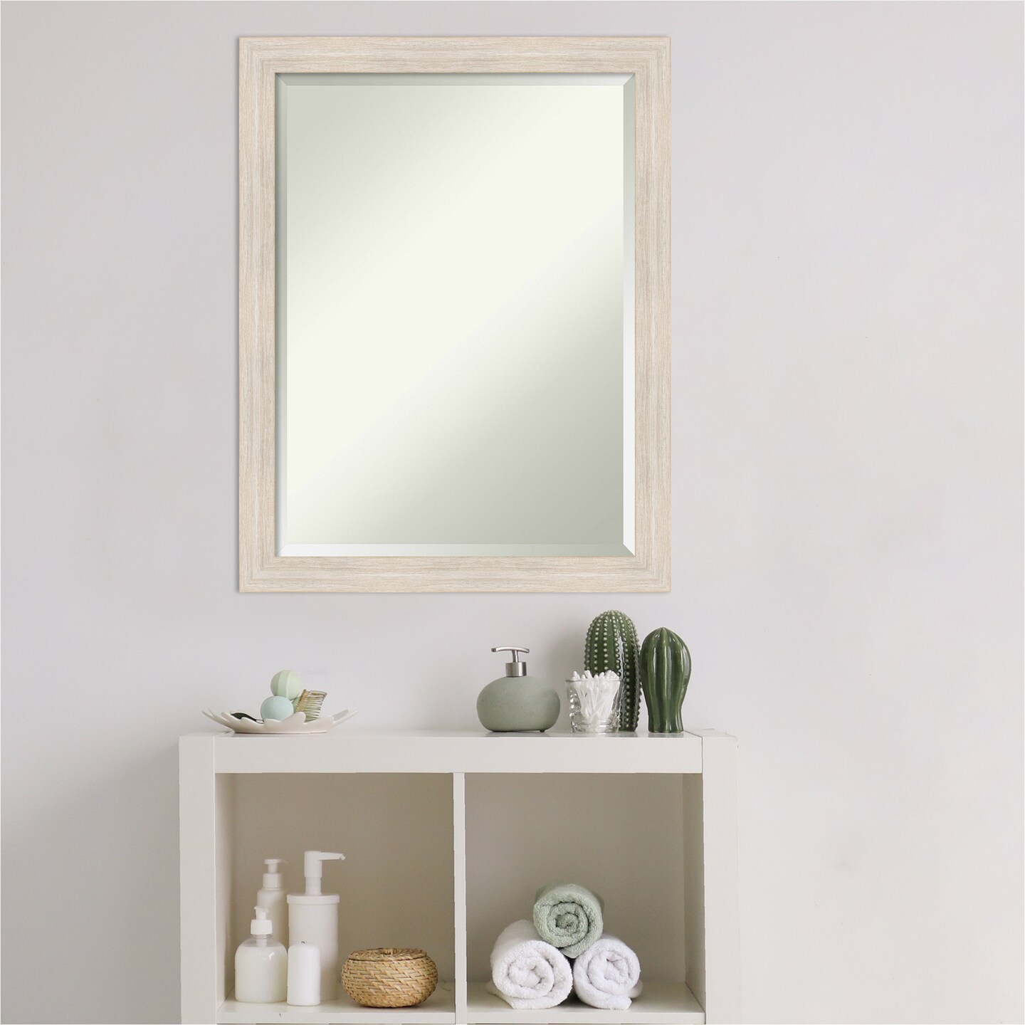 Beveled Wood Bathroom Wall Mirror, Hardwood Narrow Frame