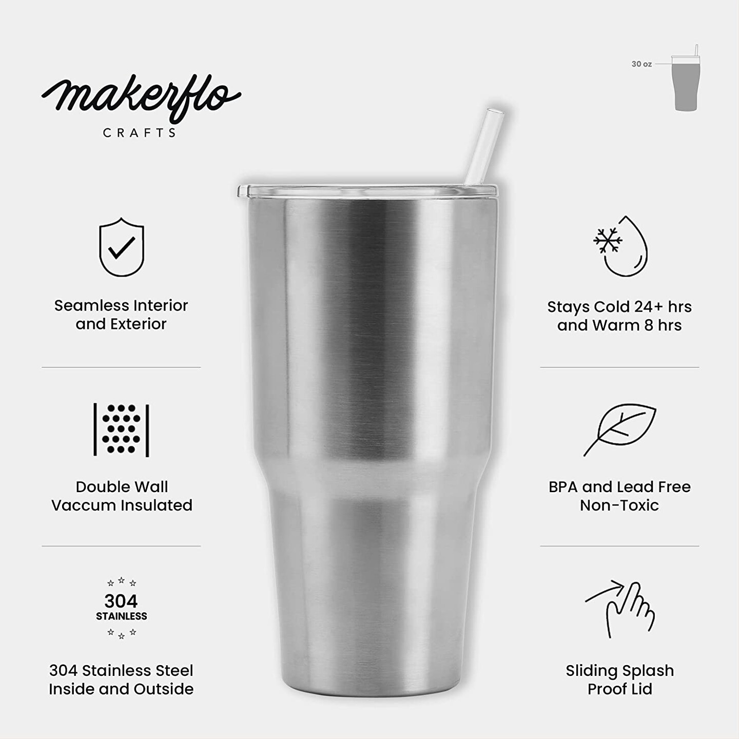 Makerflo 30 oz Stainless Steel Tumbler with Lid & Straw | Craft-Ready for DIY Gifts & Personalization (Epoxy, UV DTF, Vinyl, and Laser Engraving) - Not for Sublimation