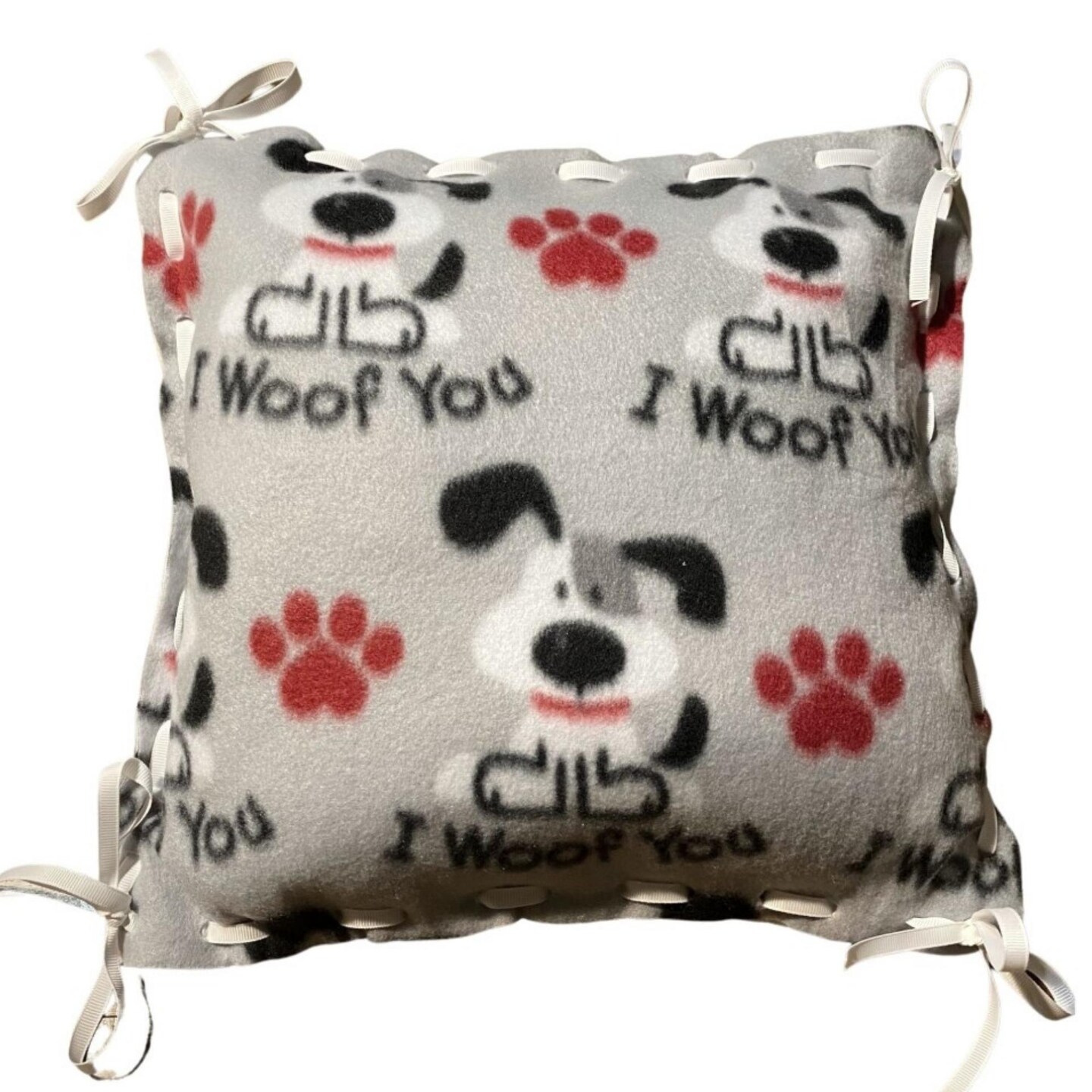 Make Your Own Fleece Pillow Kit for Elderly, Low Vision, Dementia, Blind, Disabled & Child Friendly, No Knotting, Simple Lacing, Insert Included, Gray, Red, Black, White I Woof You Pattern