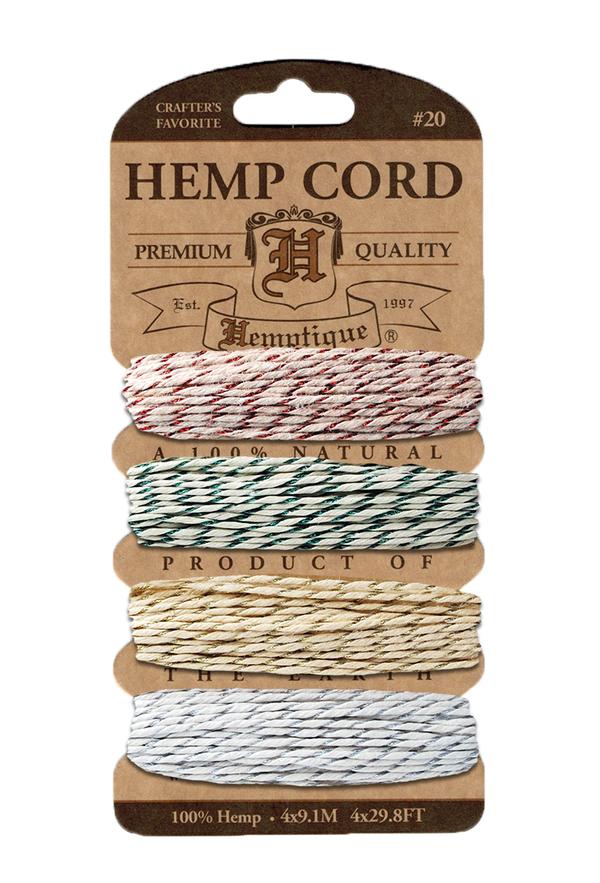 Hemptique 1mm #20 Variegated Metallic & Glitter Hemp Cord Card Set Eco Friendly Sustainable Naturally Grown Jewelry Bracelet Making Paper Crafting Scrapbooking Bookbinding Mixed Media Crocheting Macrame Seasonal Holiday Gift Wrapping Outdoor Garden