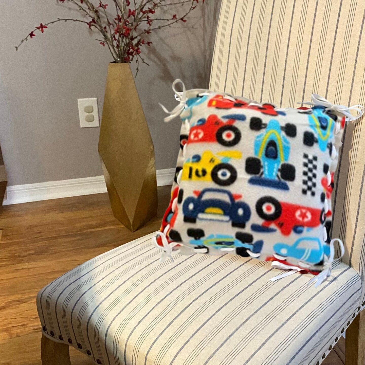 Make Your Own Fleece Pillow Kit Activity for Elderly, Low Vision, Dementia, Blind, Disabled and Child Friendly, Easy to Weave Shoe Laces, Insert Included, Multicolor Race Car Pattern