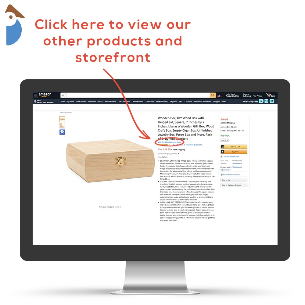 Wooden Box with Hinged Lid 7x7 Inches, for Gifts, Crafts, Jewelry | Woodpeckers