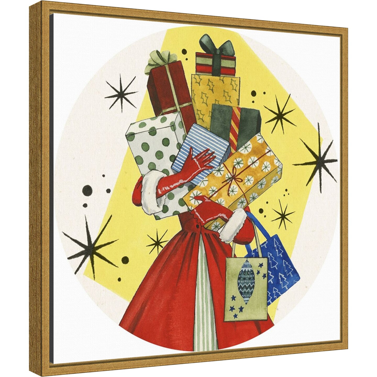 Vintage Christmas Gifts by Grace Popp 16-in. W x 16-in. H. Canvas Wall Art Print Framed in Gold