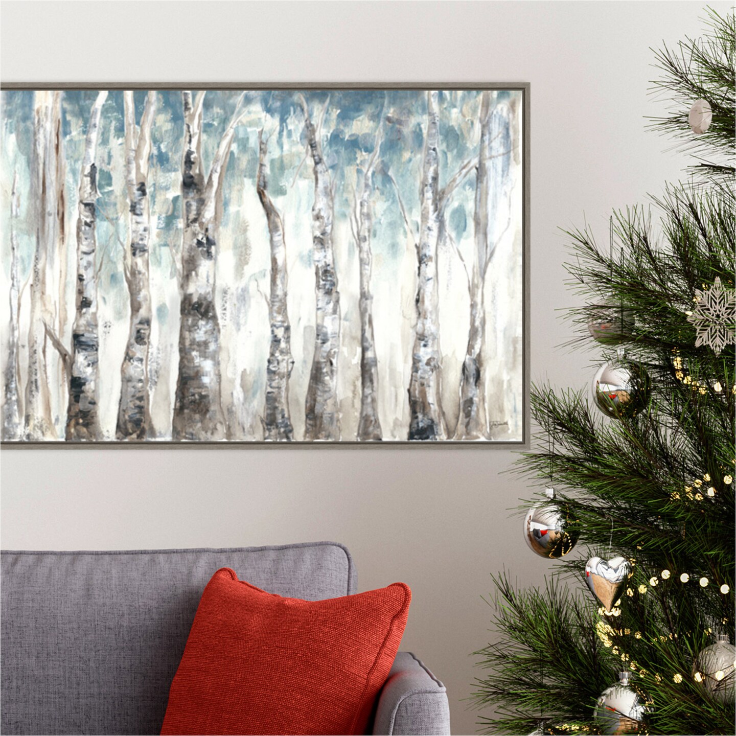Winter Aspen Trunks Blue by Tre Sorelle Studios 33-in. W x 23-in. H. Canvas Wall Art Print Framed in Grey