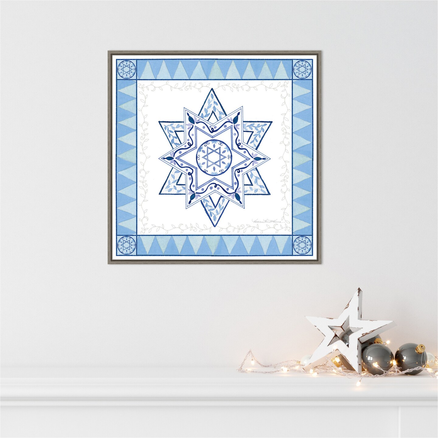 Celebrating Hanukkah I by Kathleen Parr McKenna 22-in. W x 22-in. H. Canvas Wall Art Print Framed in Grey