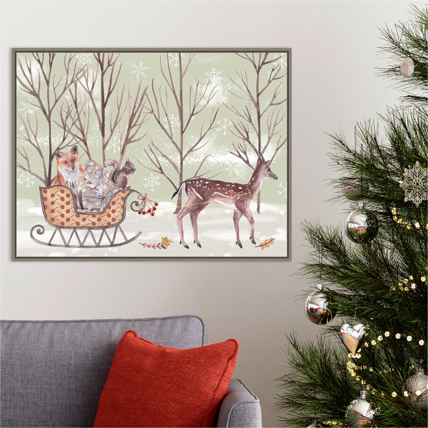 Christmas Time I by Melissa Wang 30-in. W x 23-in. H. Canvas Wall Art Print Framed in Grey