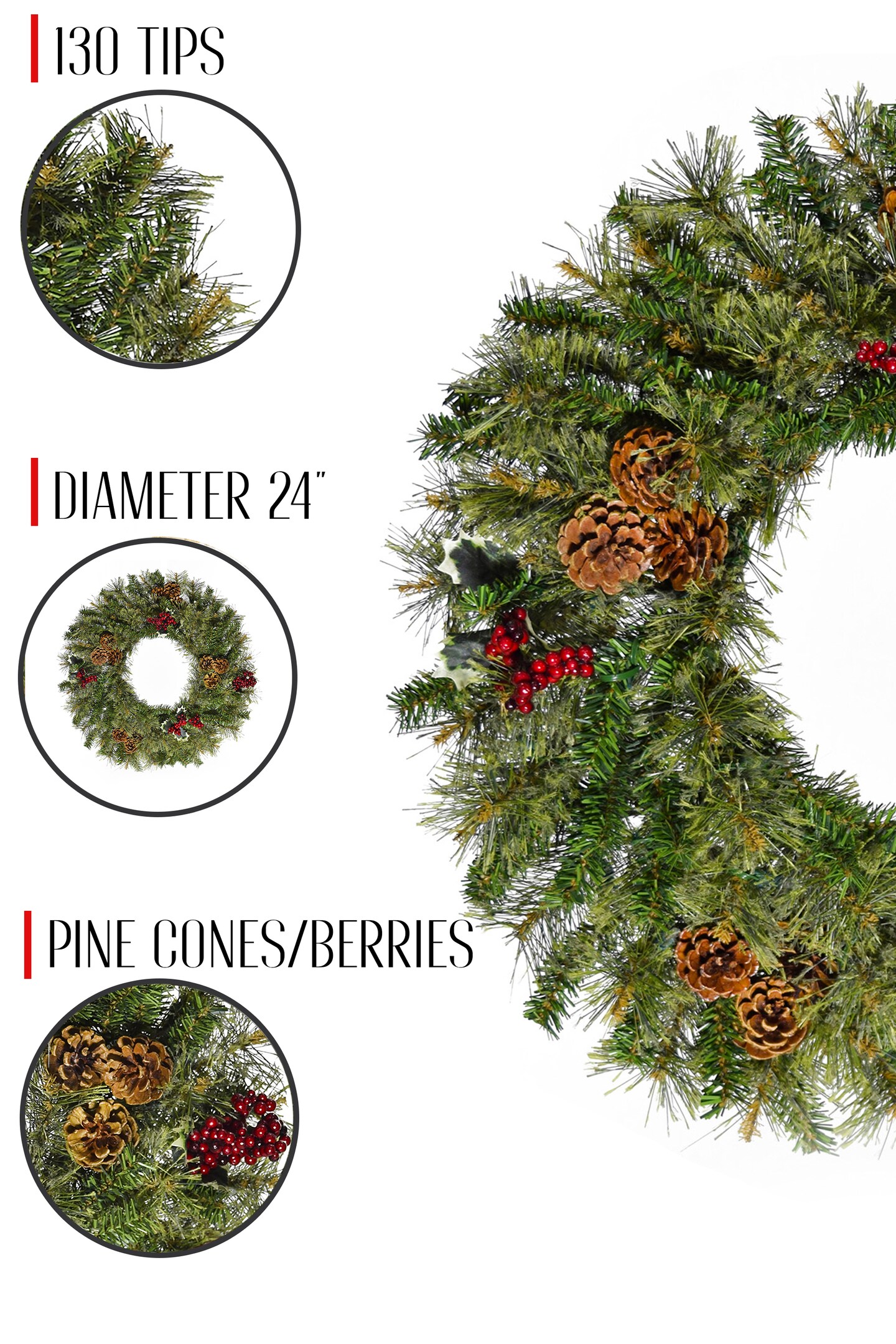 Perfect Holiday 24&#x22; Cheyenne Pine Wreath With Pine Cones And Red Berry Clusters