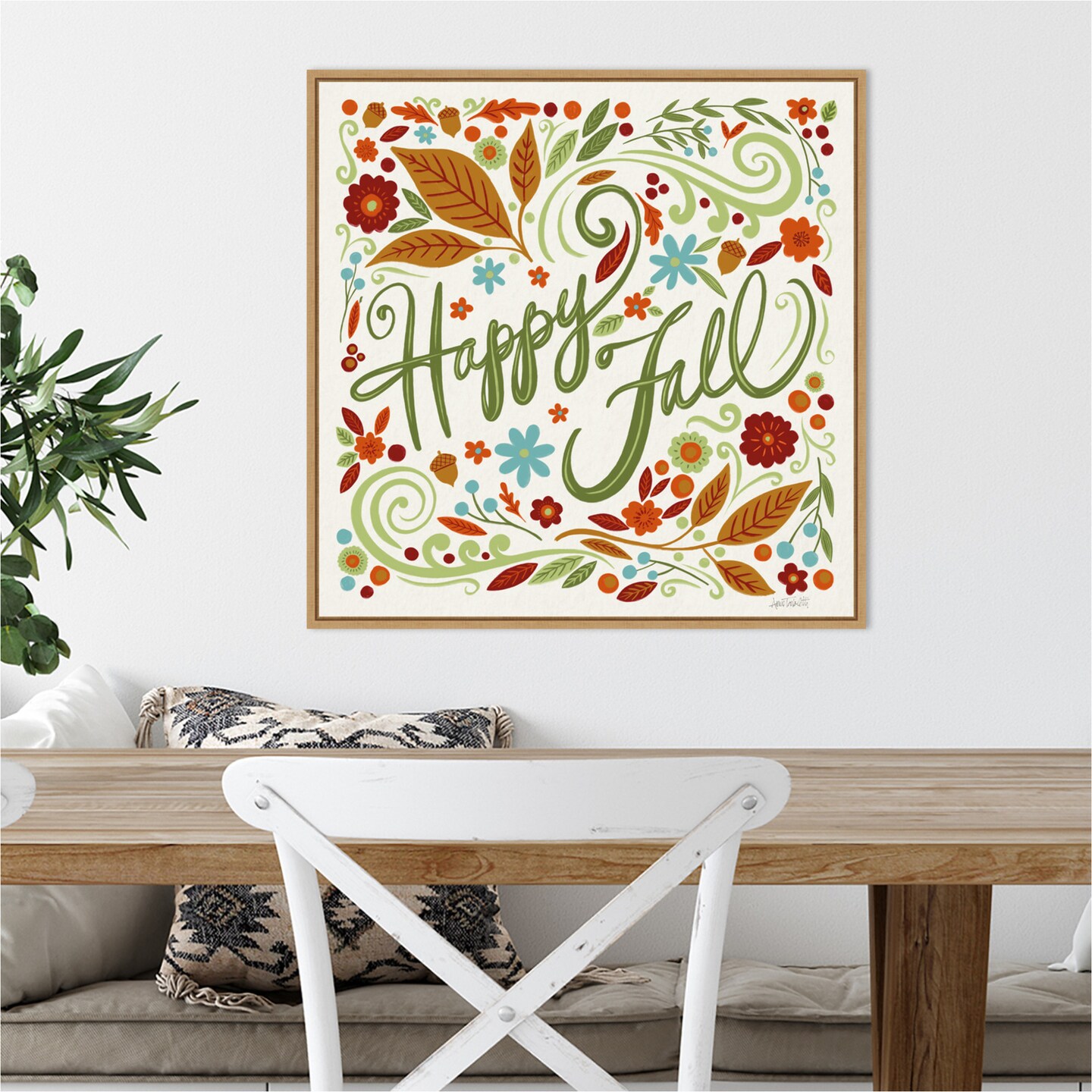 Happy Fall I by Anne Tavoletti 22-in. W x 22-in. H. Canvas Wall Art Print Framed in Natural