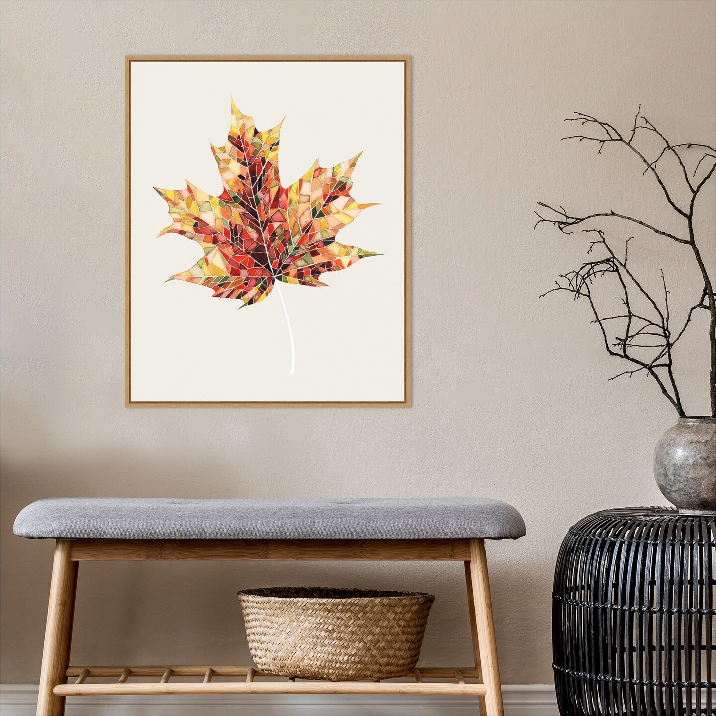 Fall Mosaic Leaf III by Grace Popp 23-in. W x 28-in. H. Canvas Wall Art Print Framed in Natural