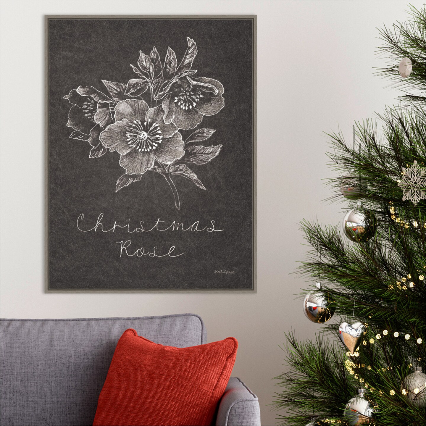 Black and White Chalkboard Christmas III by Beth Grove 23-in. W x 30-in. H. Canvas Wall Art Print Framed in Grey