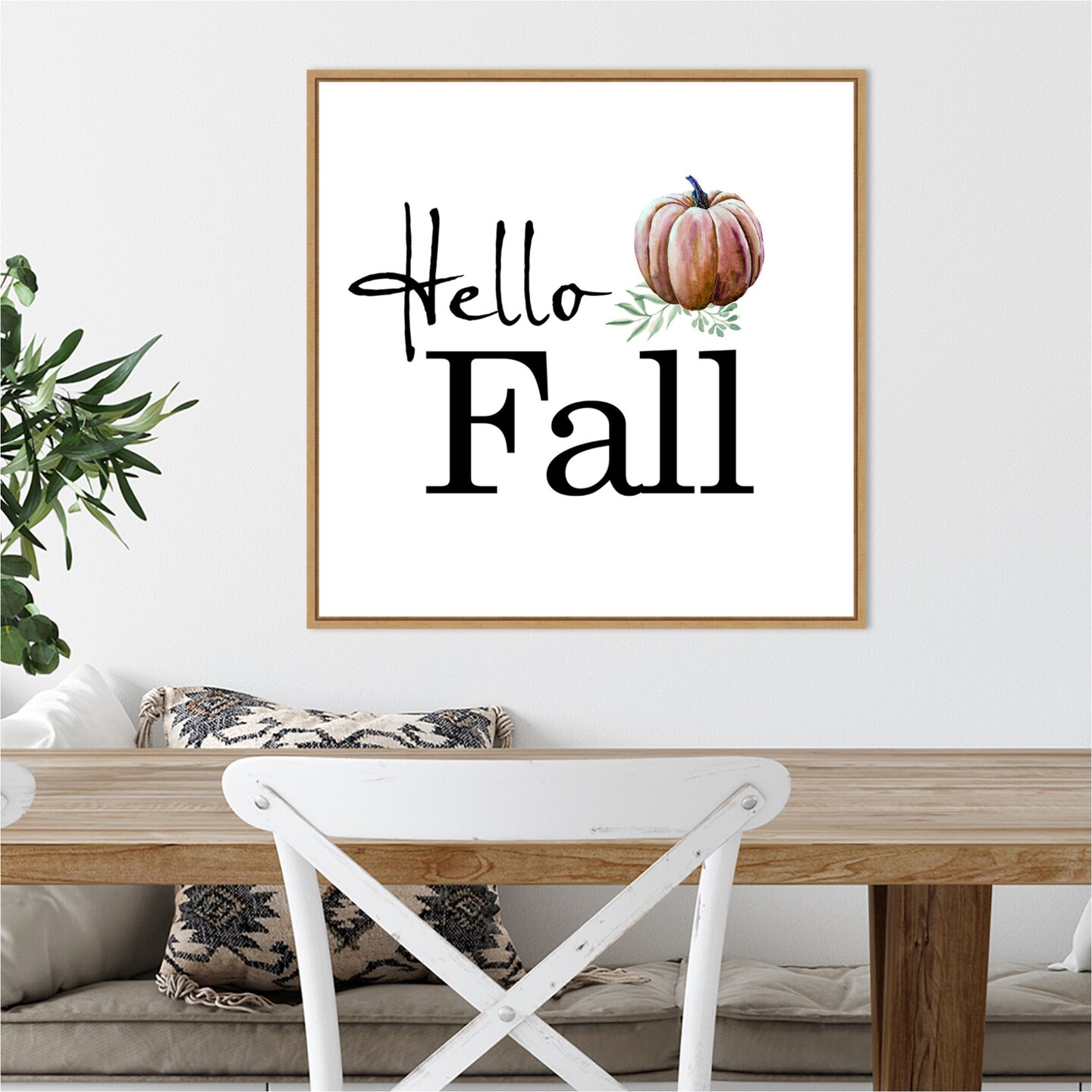 Hello Fall Pumpkin by Amanti Art Portfolio 22-in. W x 22-in. H. Canvas Wall Art Print Framed in Natural