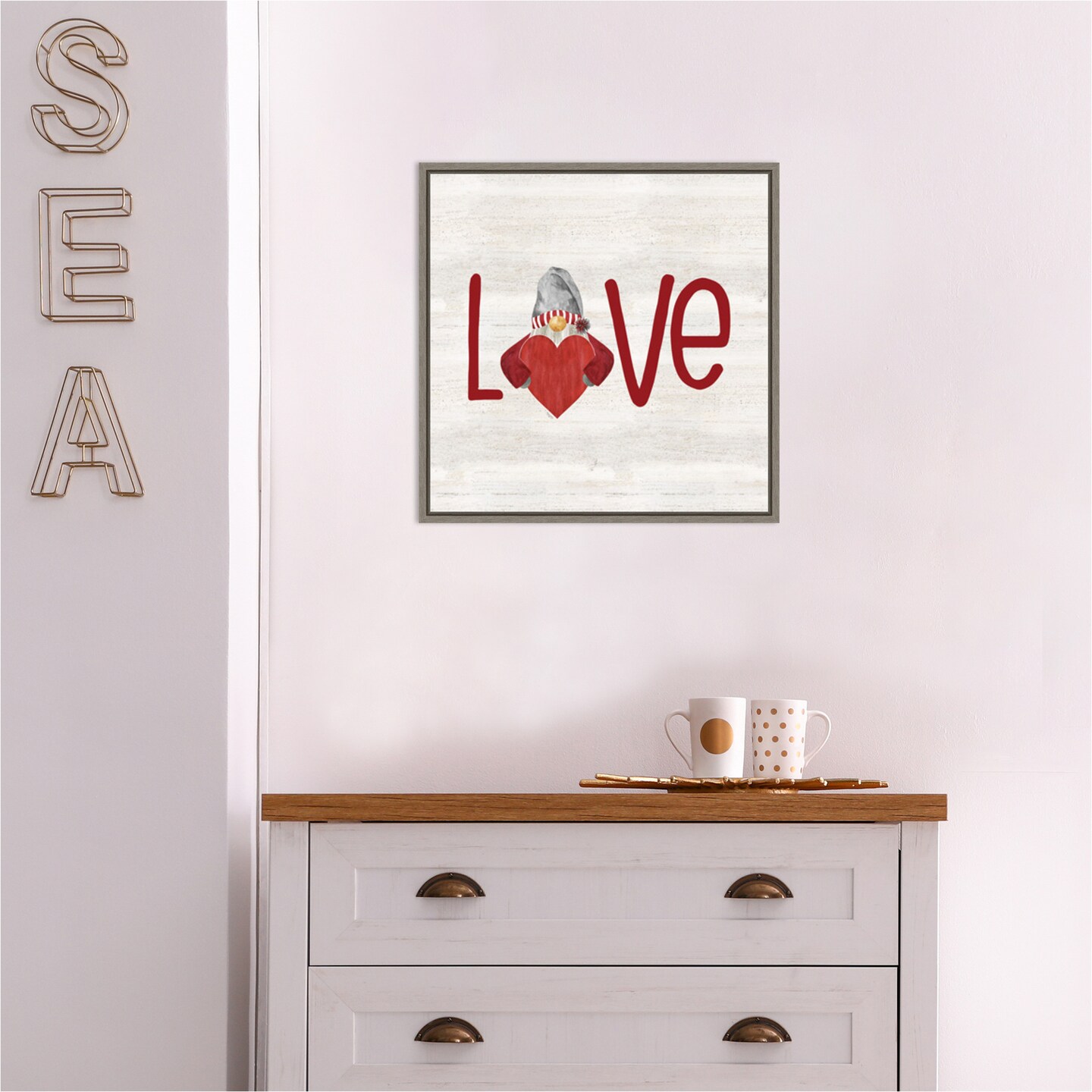 Valentine Gnomes III Love by Tara Reed 16-in. W x 16-in. H. Canvas Wall Art Print Framed in Grey