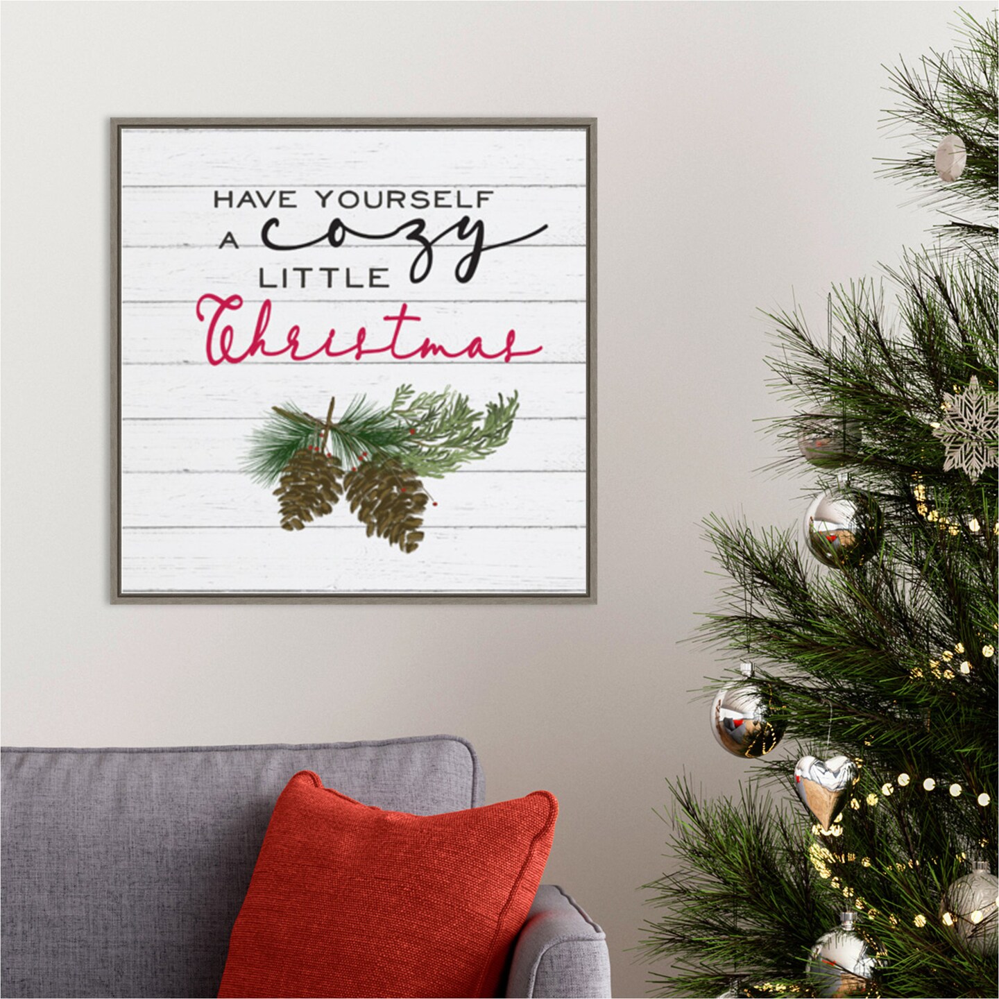 Cozy Christmas I-Pine cones by Hartworks Studio 22-in. W x 22-in. H. Canvas Wall Art Print Framed in Grey