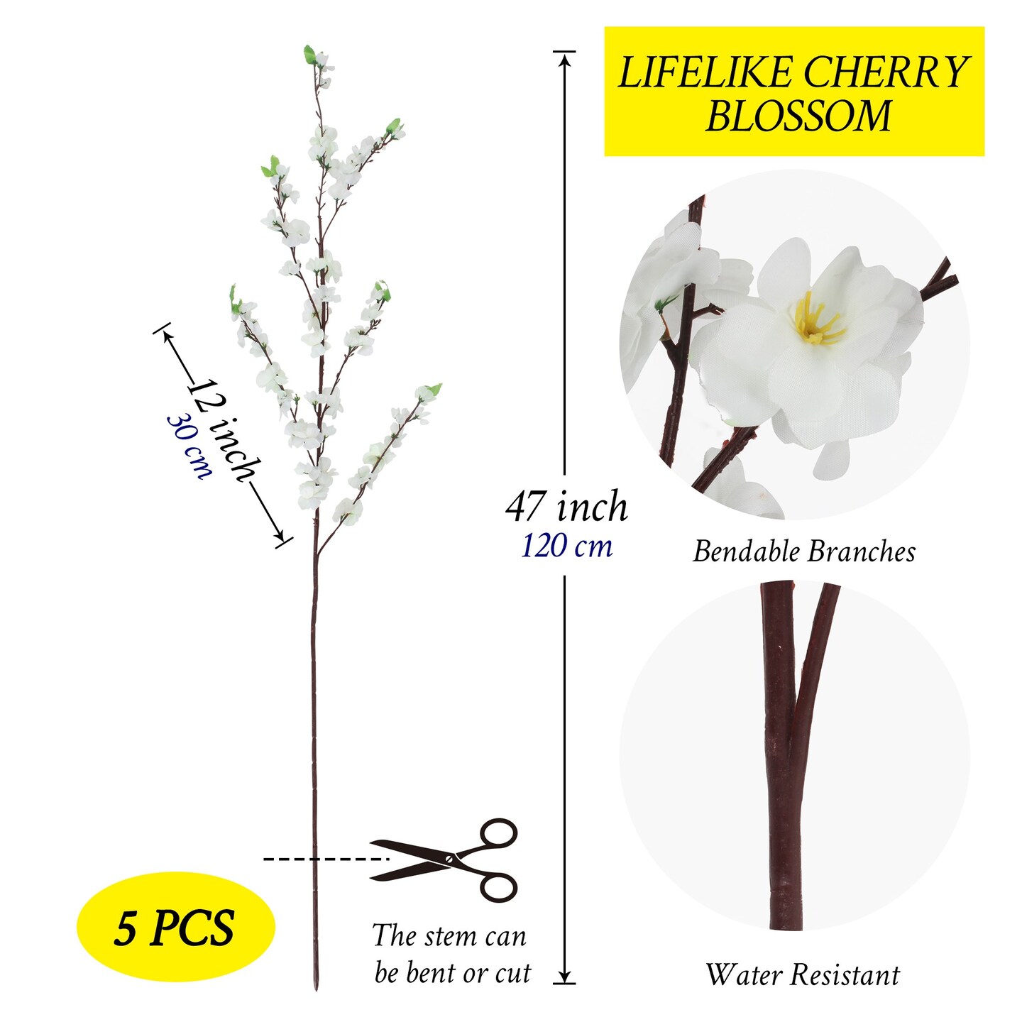 Grand Verde Cherry Blossoms Artificial Tree Branches 47” Tall Stems Silk Flowers Faux Bouquet for Floor Vase DIY Japanese Home Decor, Bulk 5pcs