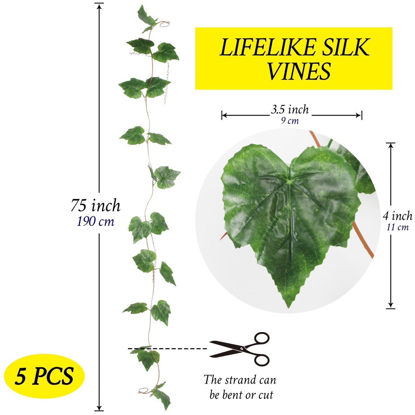 Grand Verde Artificial Vines Silk Leaves Hanging Ivy Greenery Faux Grapevine Garland Decoration Green Plants DIY Wreath Craft, 5 Strands Bulk