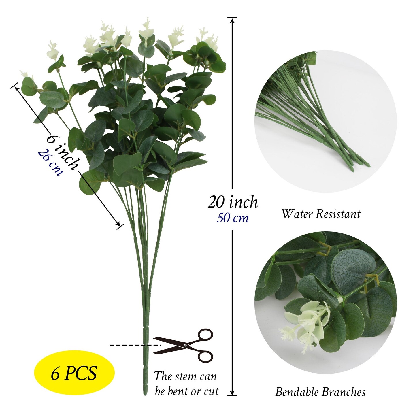 Eucalyptus Stems Artificial Bouquet Plastic Greenery Faux Plants Silk Green Leaves Fake Flowers 20” Tall, Bulk 6pcs