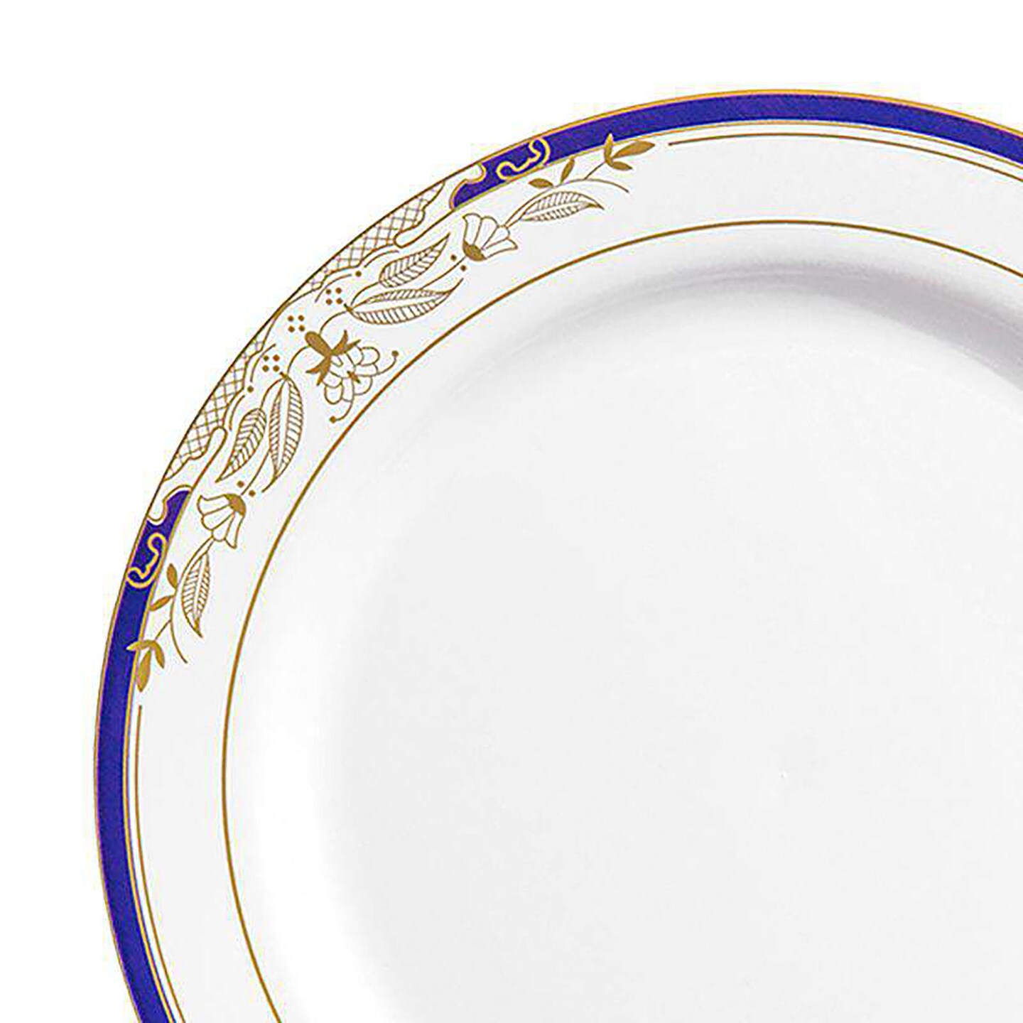 White with Blue and Gold Harmony Rim Plastic Dinner Plates 10.25