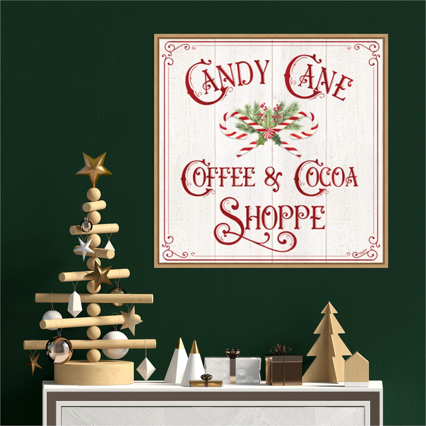 Vintage Christmas Signs I-Candy Cane Coffee by Tara Reed 22-in. W x 22-in. H. Canvas Wall Art Print Framed in Natural