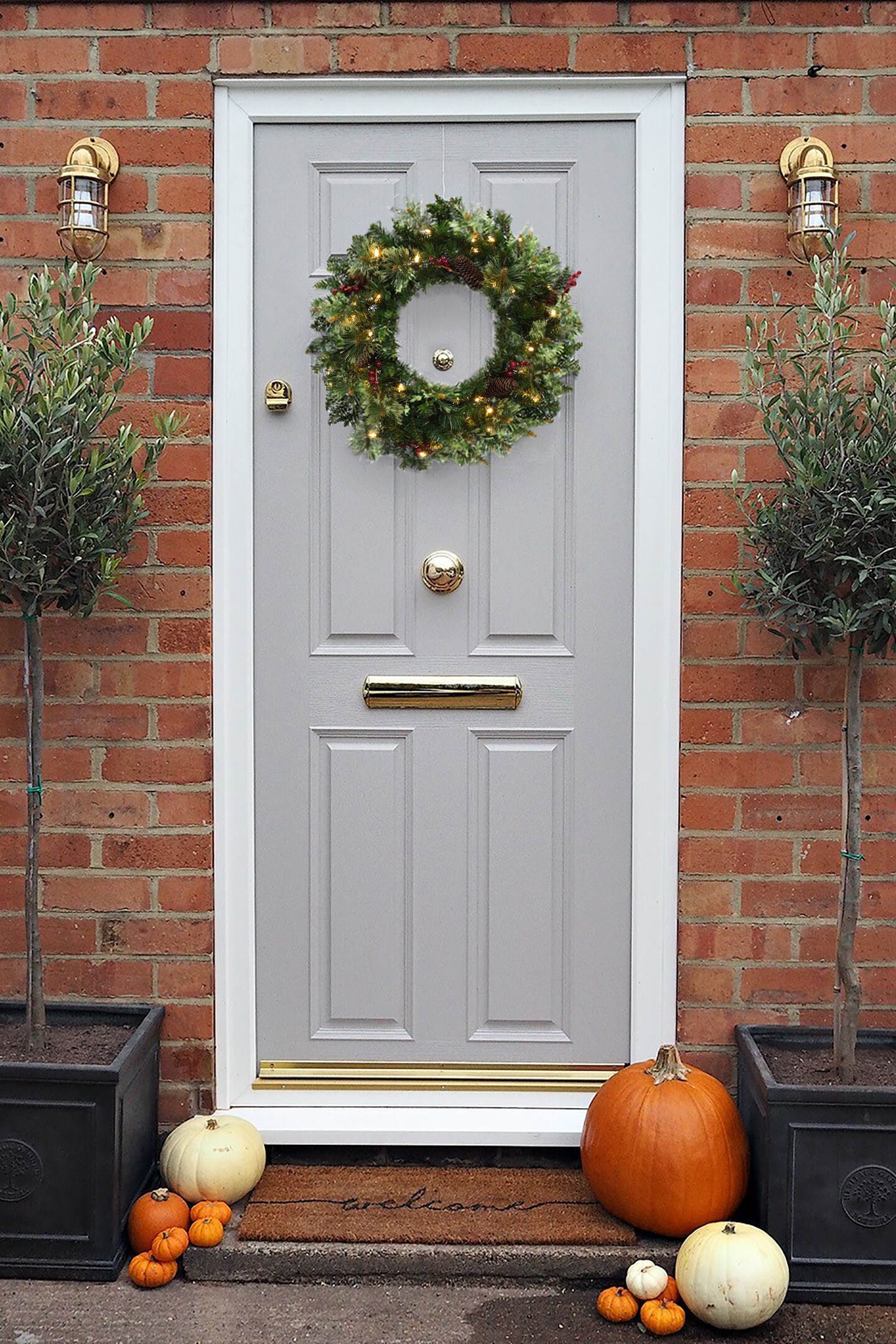 Perfect Holiday 24" Pre-lit Jasper Mixed Pine Wreath With Pine Cones And Red Berry Clusters
