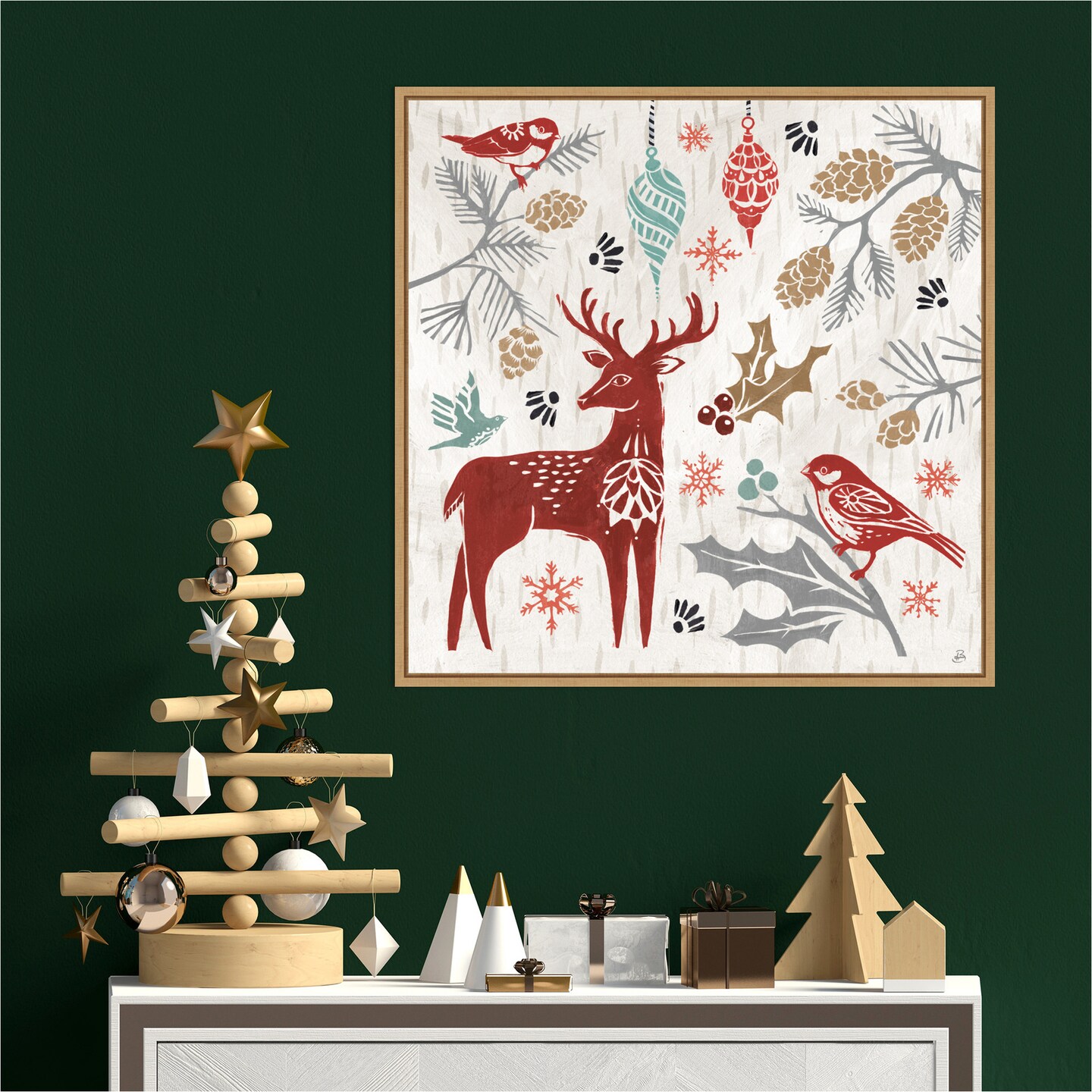 Woodcut Christmas III by Daphne Brissonnet Canvas Wall Art Print Framed