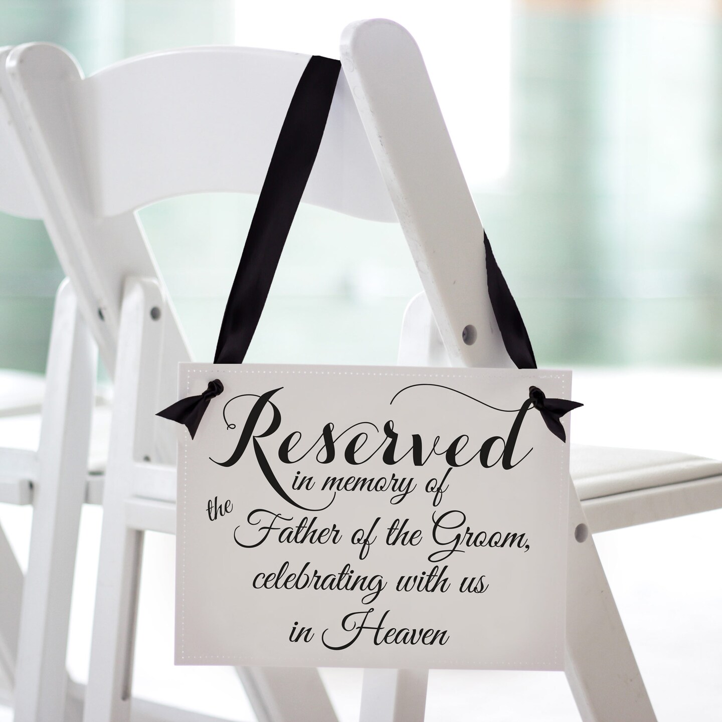 Ritzy Rose Father of the Groom Memorial Sign - Black on 11x8in White Linen Cardstock with Black Ribbon