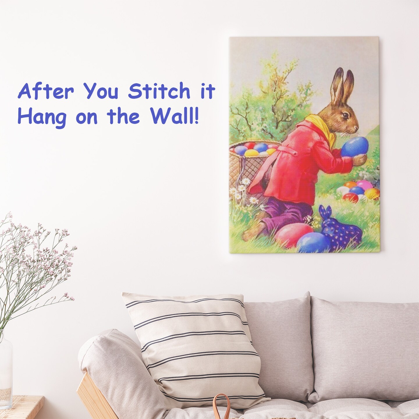 Vintage Easter Bunny Hiding Eggs Counted Cross Stitch Pattern