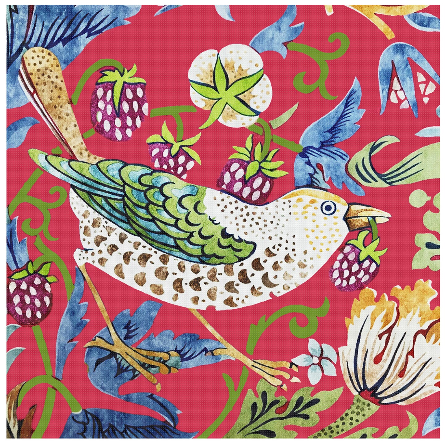 New William Morris Strawberry Thief Detail in Red Counted Cross Stitch Pattern