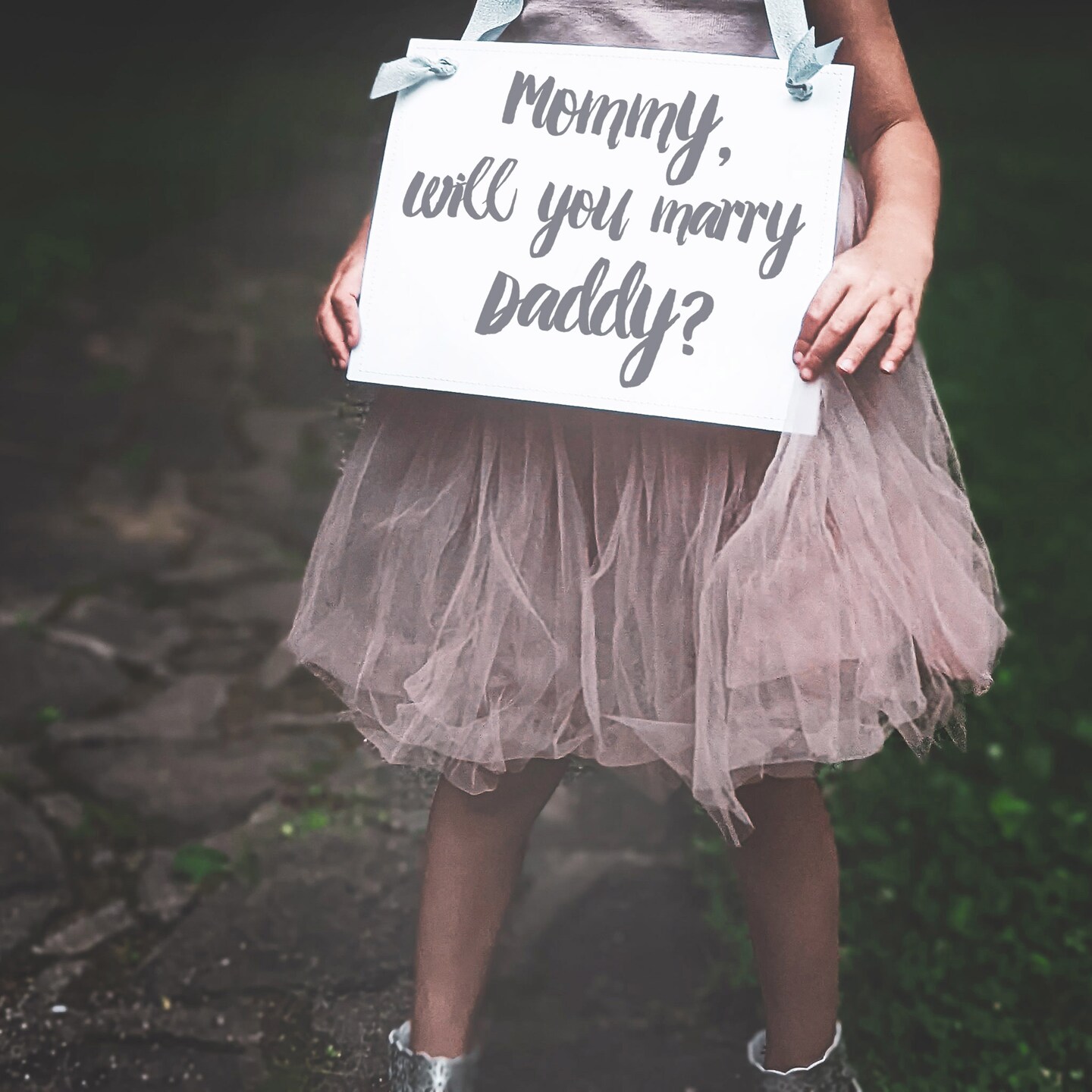 Ritzy Rose Cute Proposal Banner - Slate on 11x8in Ivory Linen Cardstock with Ivory Ribbon