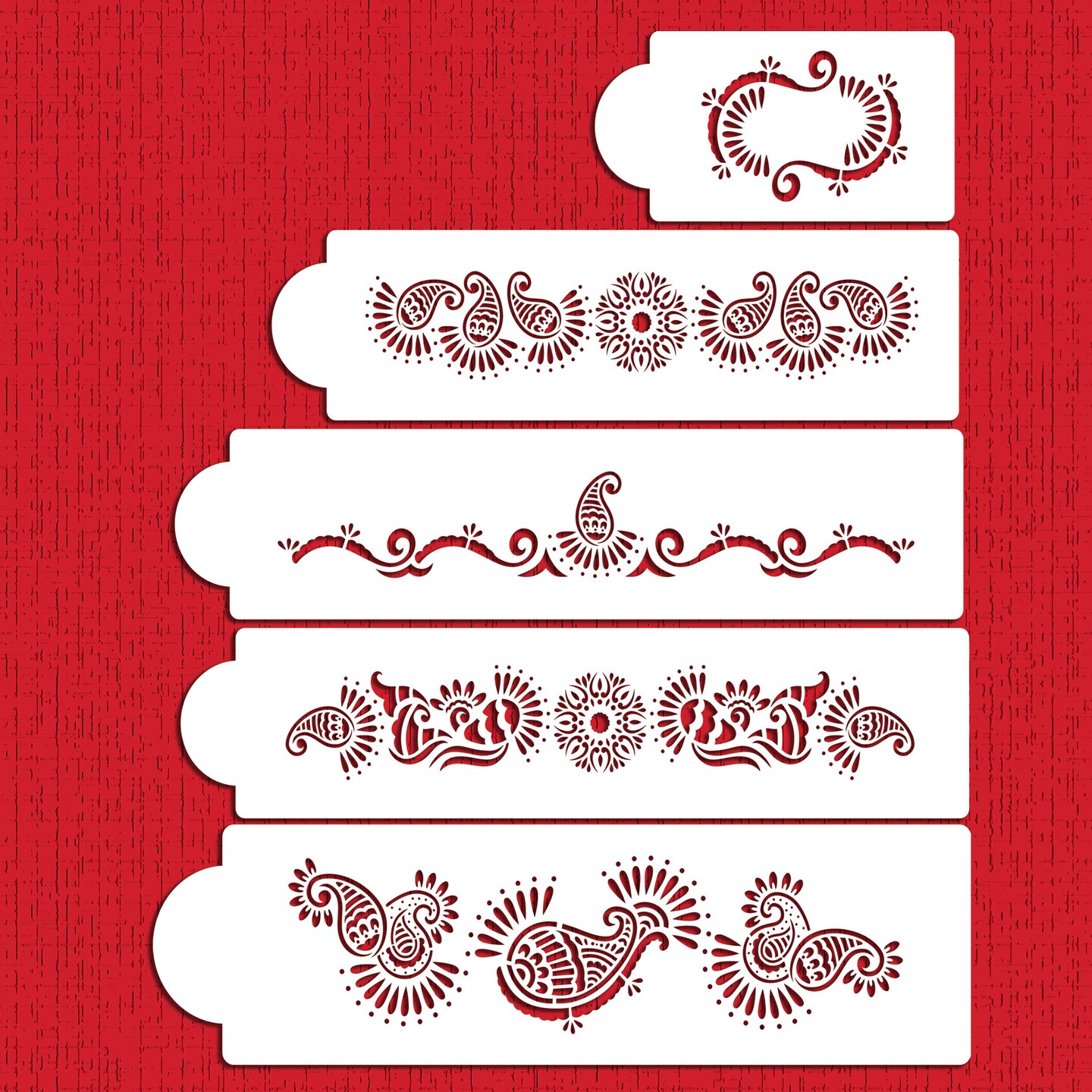 Five Tier Mehndi Cake Cake Stencils Set | C388 by Designer Stencils | Cake Decorating Tools | Baking Stencils for Royal Icing, Airbrush, Dusting Powder | Reusable Plastic Food Grade Stencil for Cakes | Easy to Use & Clean Cake Stencil