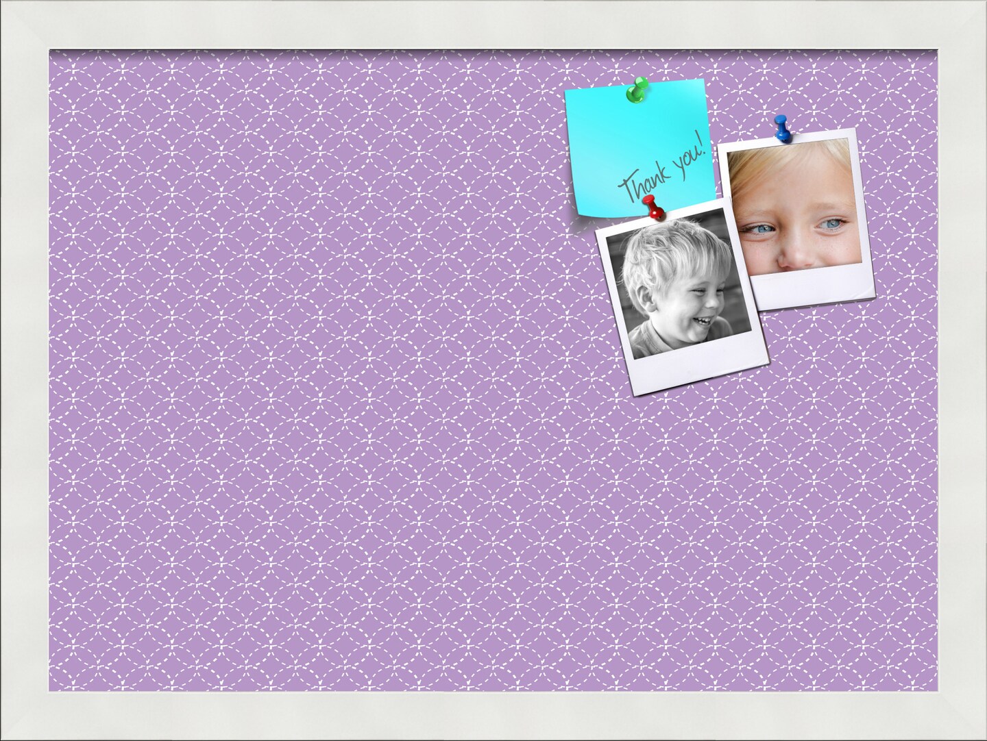 PinPix Custom Bulletin Board Purple Circles Poster Board Has a Fabric Style Canvas Finish, Framed in Satin White Frame, by ArtToFrames (PinPix-493)