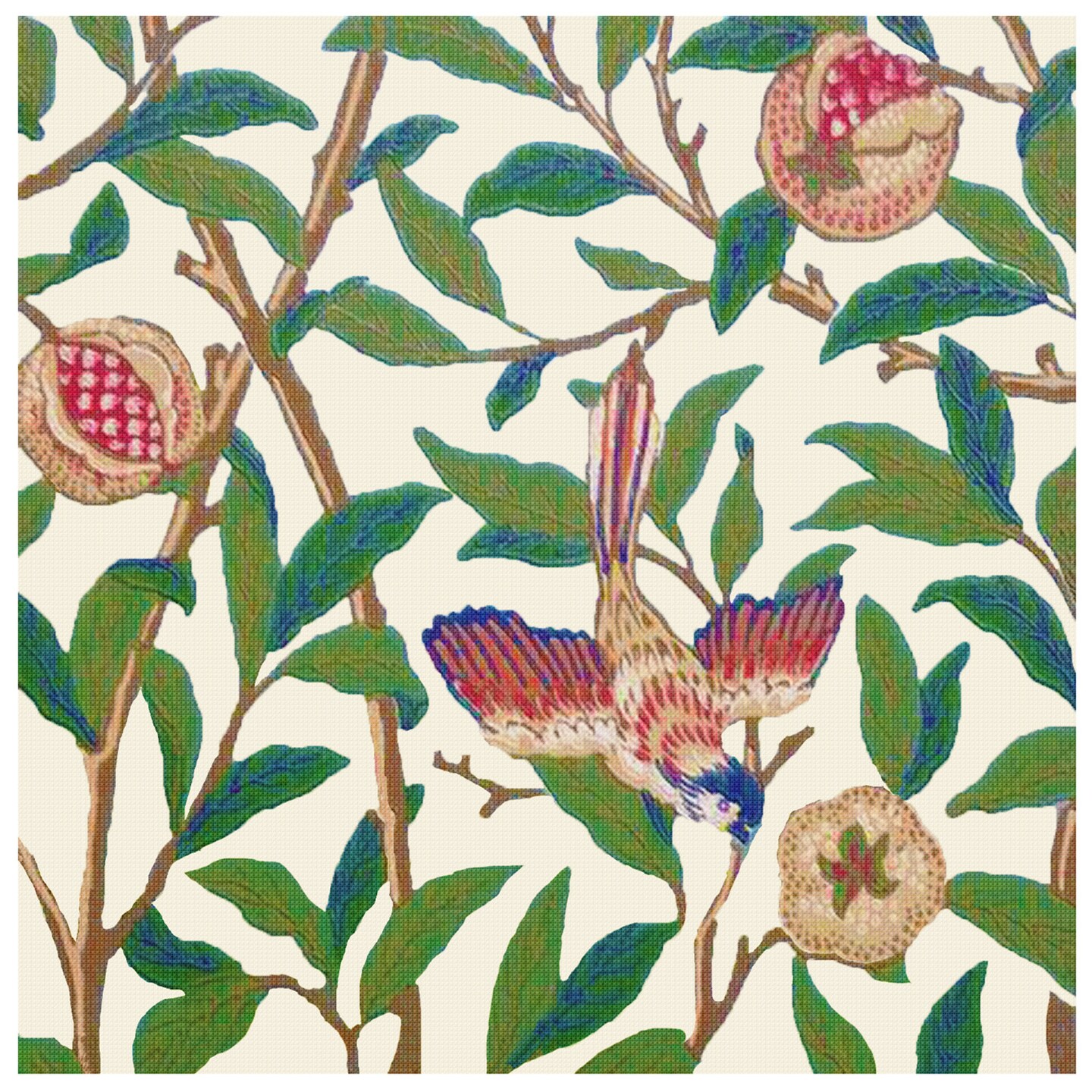 New William Morris Bird and Fruit Detail in Earthtones Design Counted Cross Stitch Pattern