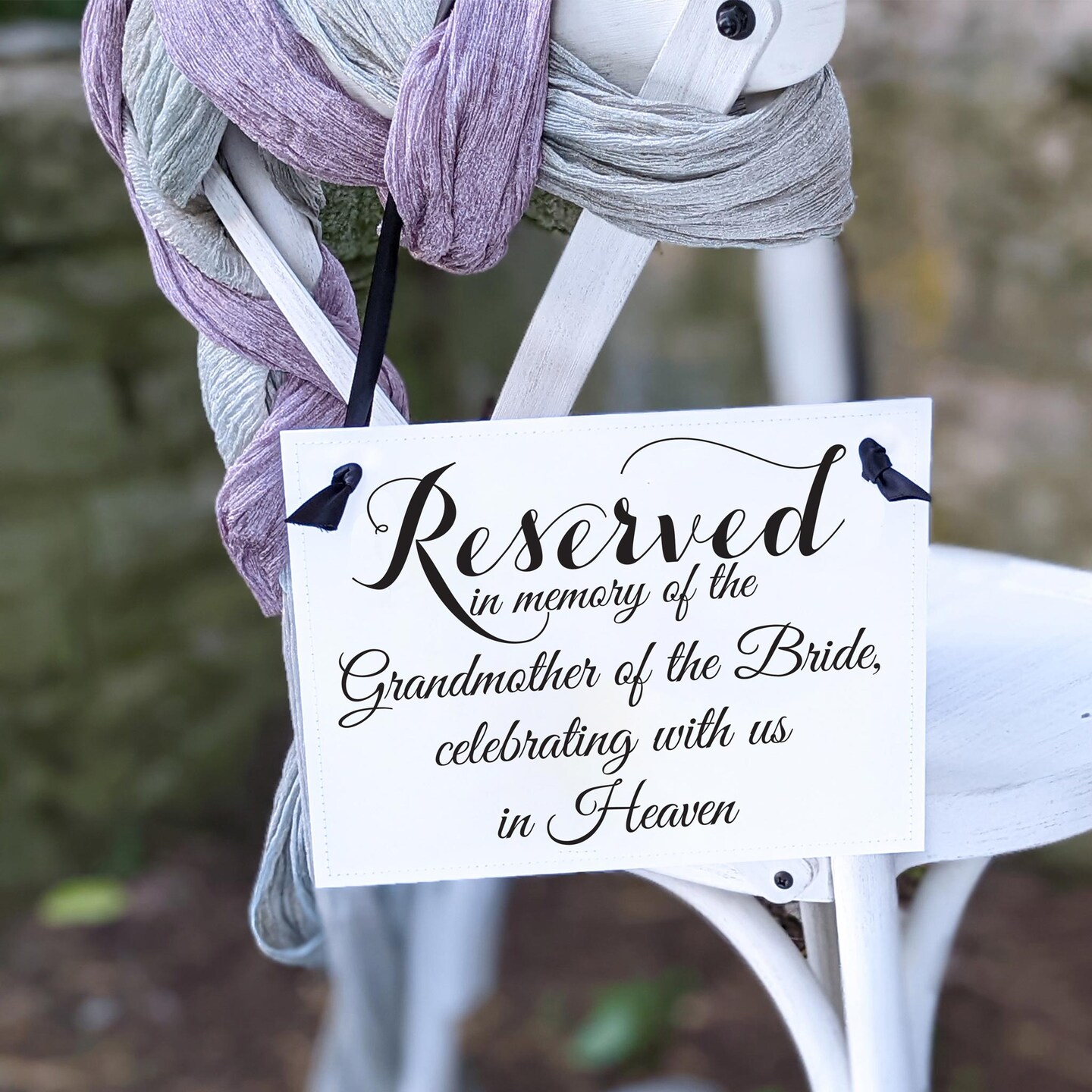 Ritzy Rose Grandmother of the Bride Memorial Sign - Black on 11x8in White Linen Cardstock with Black Ribbon