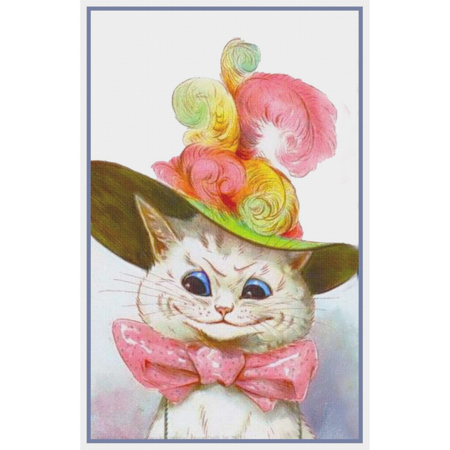Louis Wain's White Kitty Cat With Fancy Hat Counted Cross Stitch Chart Pattern