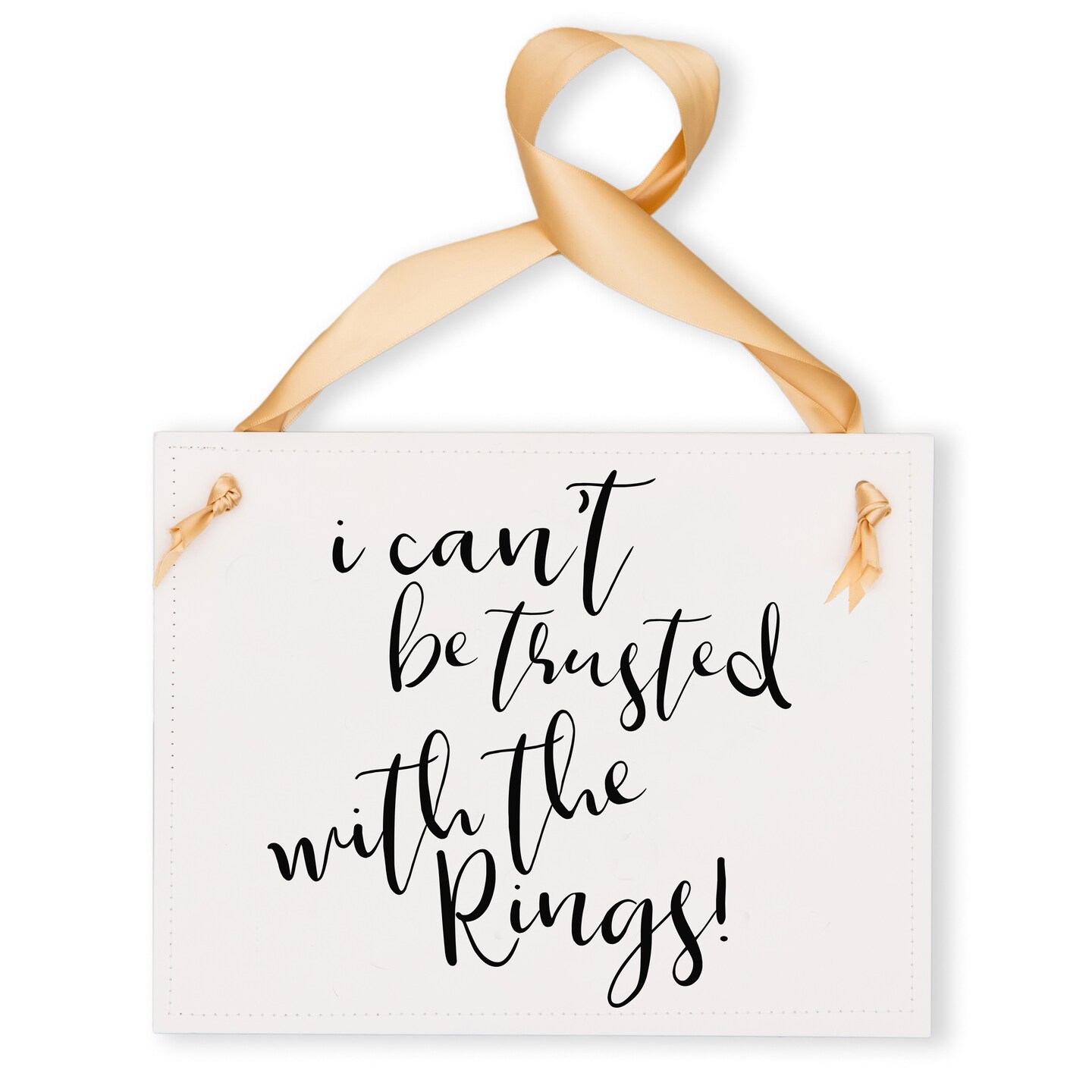 Ritzy Rose Funny Ring Bearer Sign - Black on 11x8in Ivory Linen Cardstock with champagne Ribbon