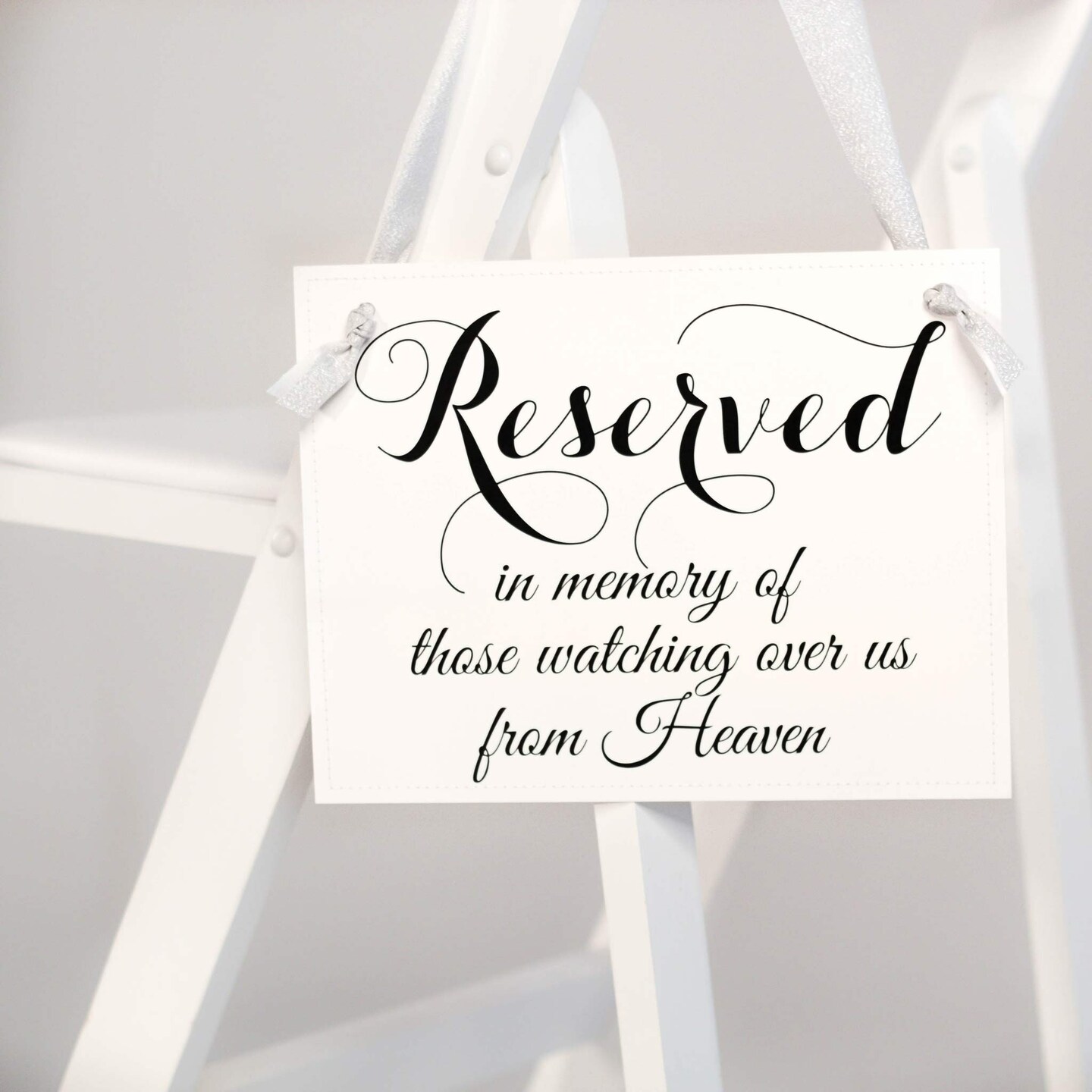 Ritzy Rose Memorial Chair Sign - Black on 11x8in White Linen Cardstock with Metallic Silver Ribbon