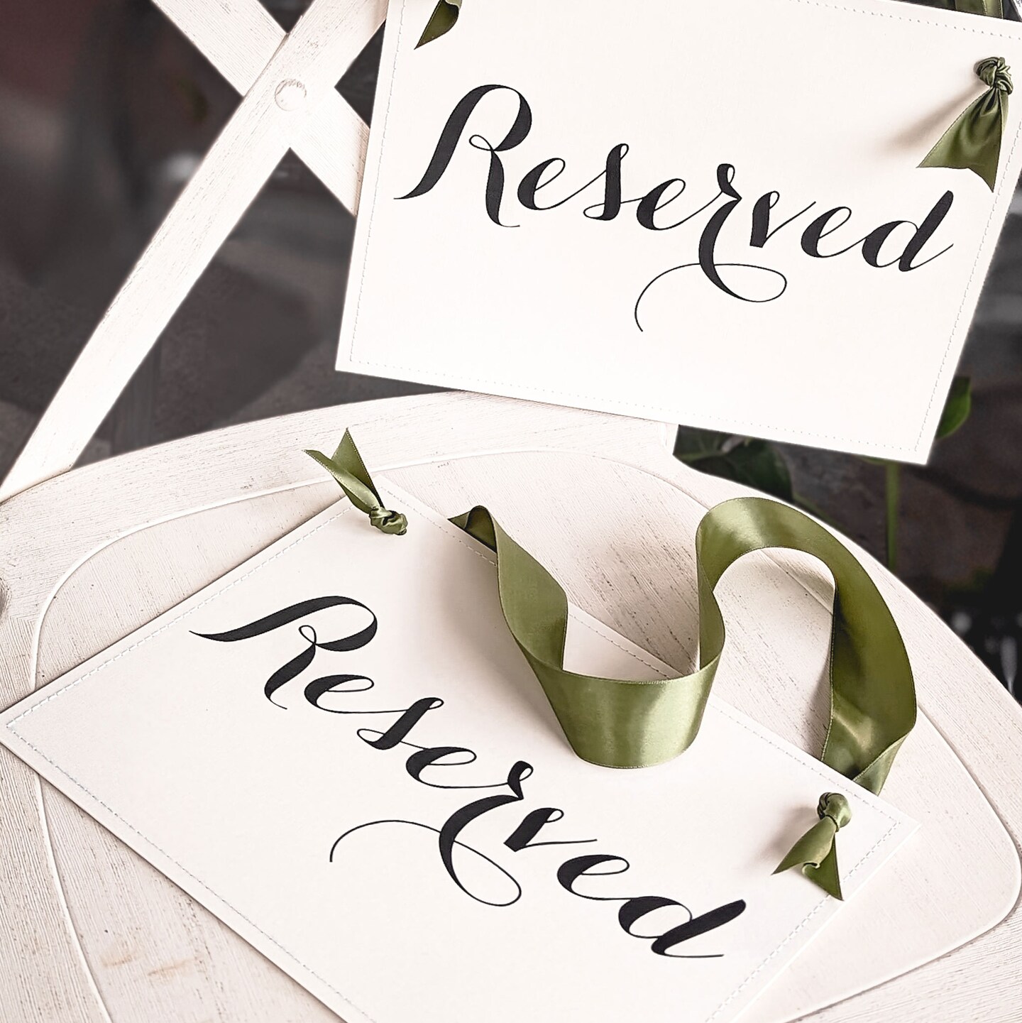 Ritzy Rose 2 Reserved Signs - Black on 11x8in Ivory Linen Cardstock with Moss Green Ribbon