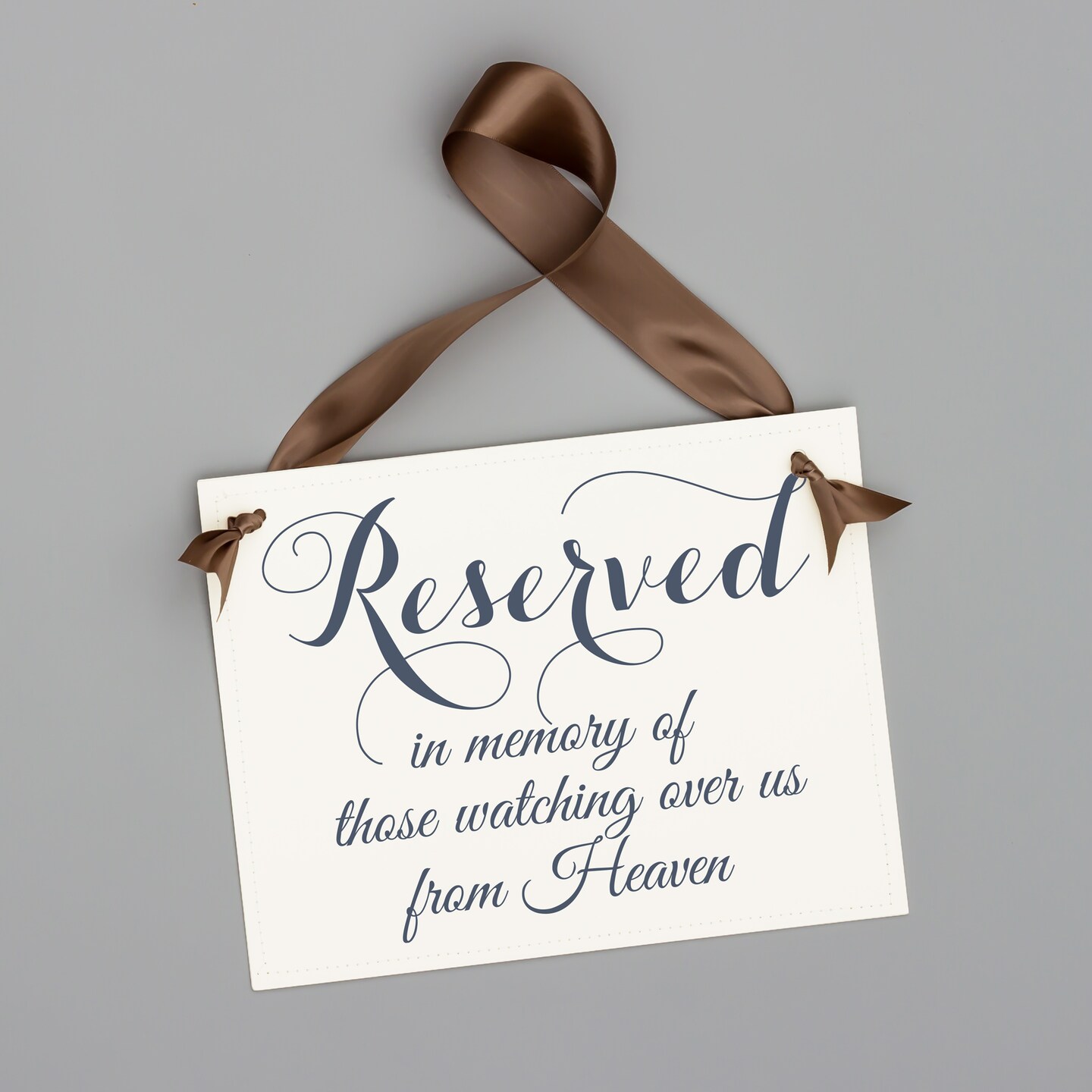 Ritzy Rose Memorial Chair Sign - Slate on 11x8in White Linen Cardstock with Greige Ribbon