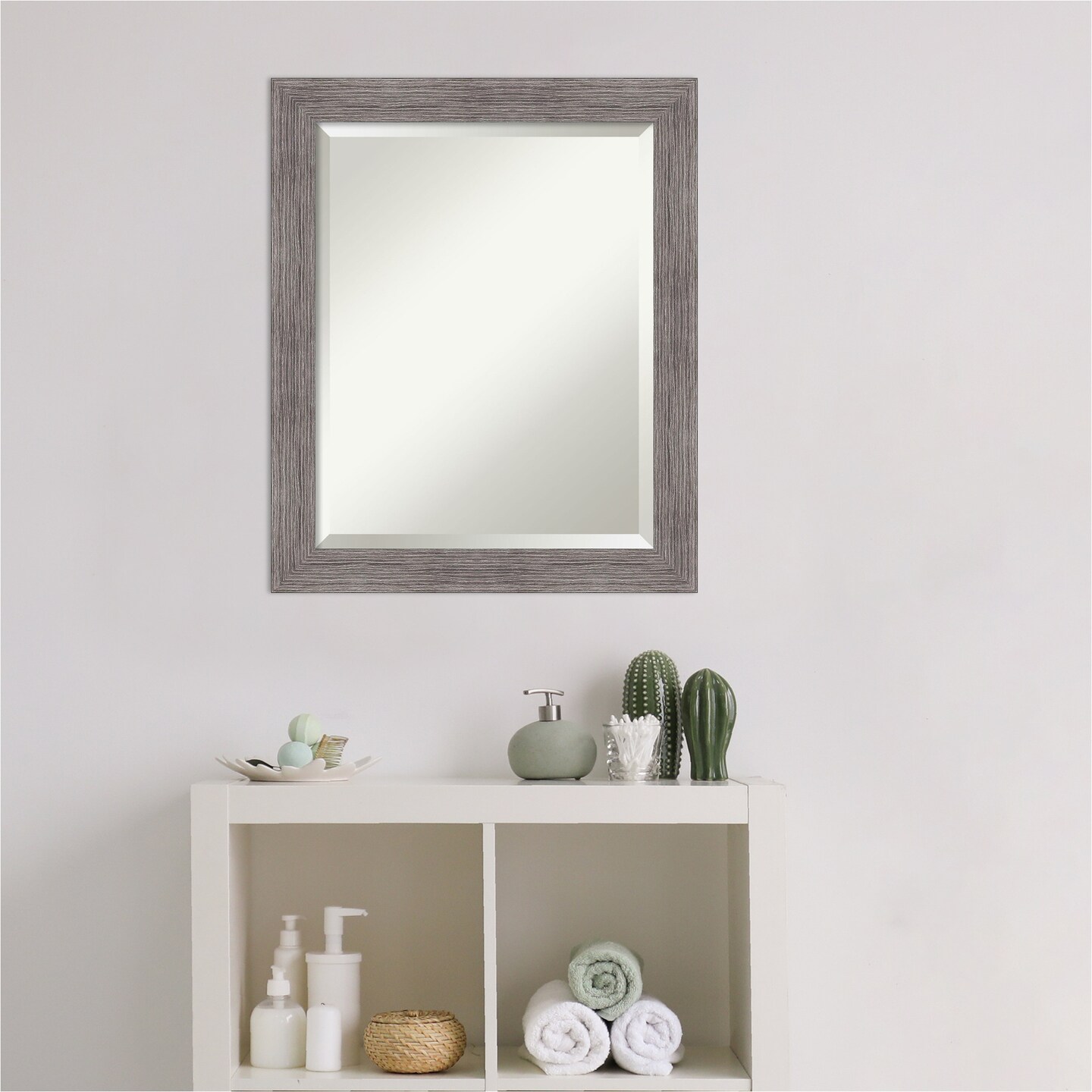 Beveled Bathroom Wall Mirror, Pinstripe Plank Grey Narrow Frame