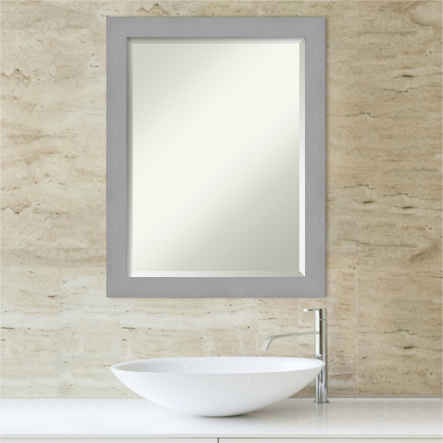 Beveled Bathroom Wall Mirror, Brushed Frame