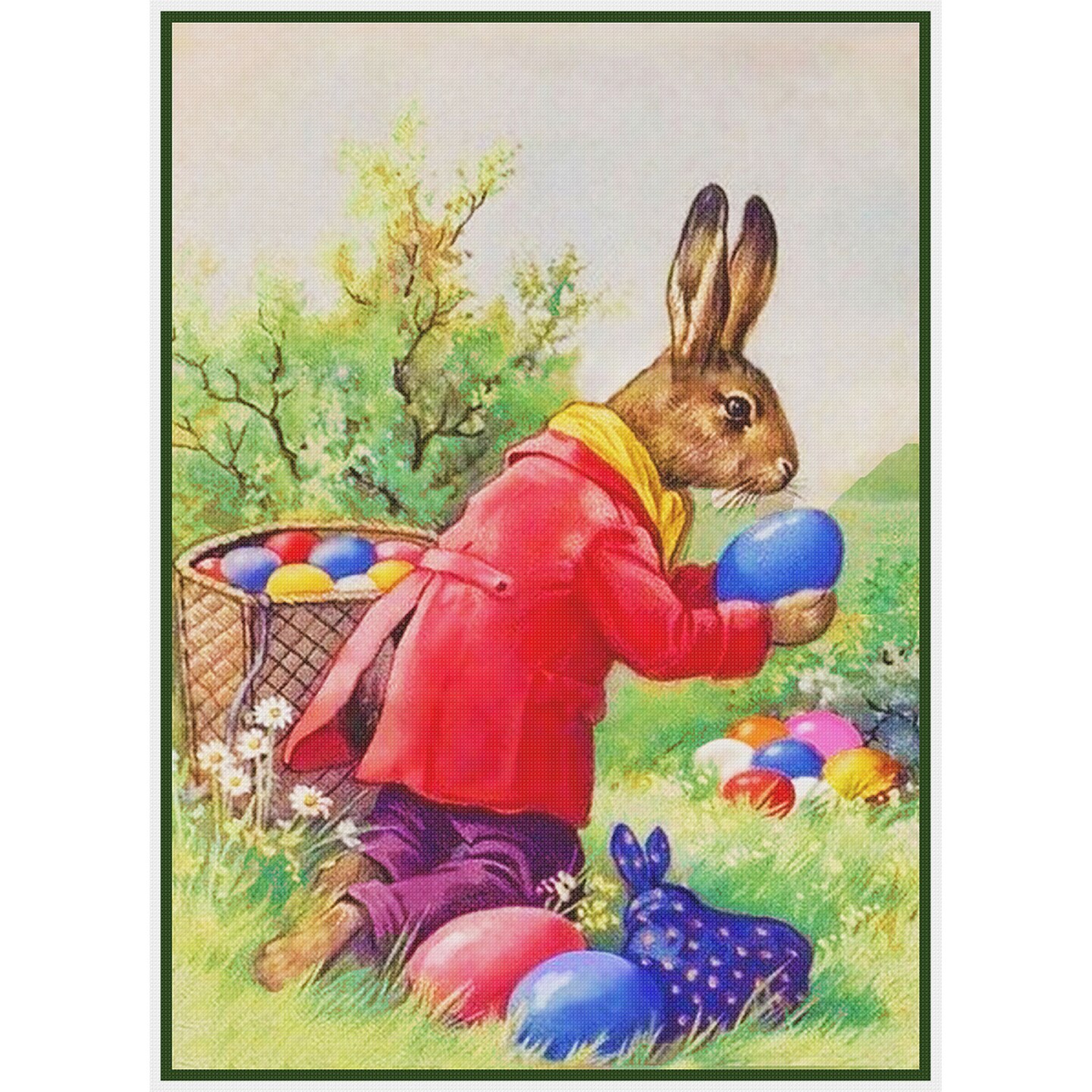 Vintage Easter Bunny Hiding Eggs Counted Cross Stitch Pattern