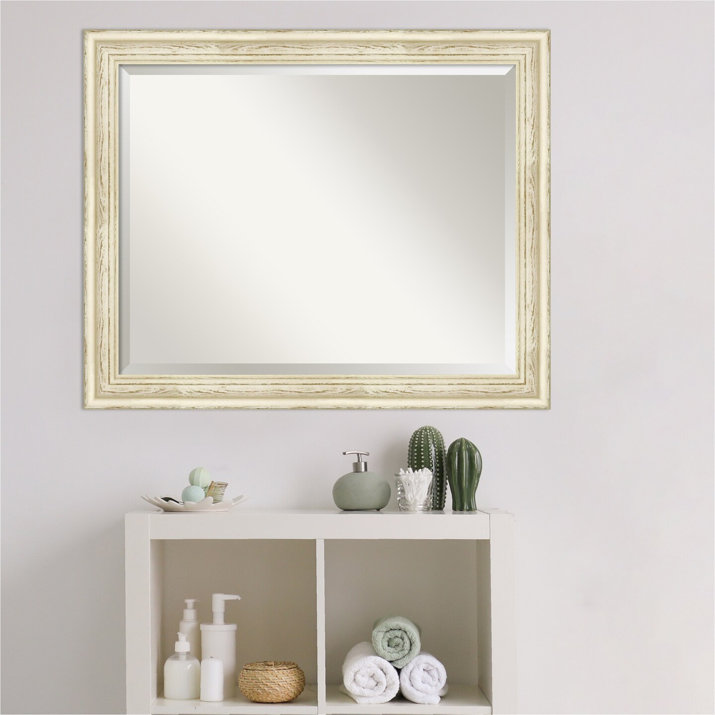 Beveled Wood Bathroom Wall Mirror, Country White Wash Frame