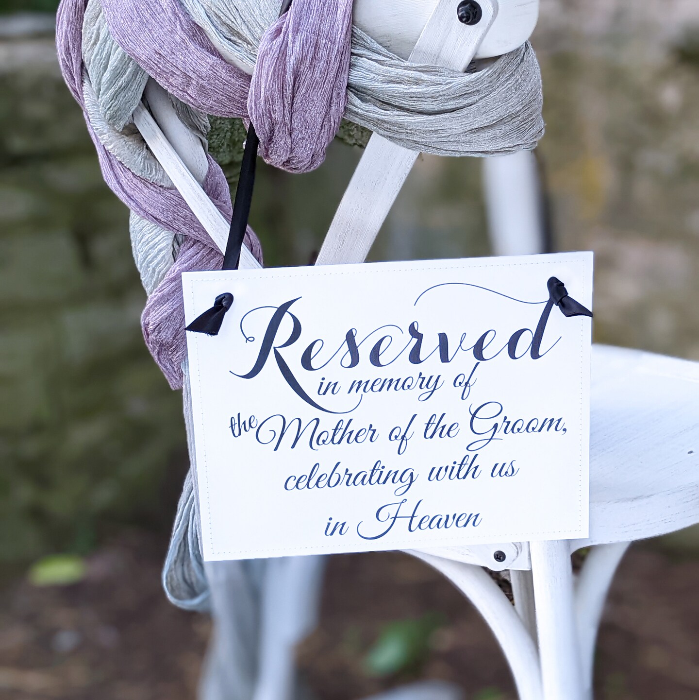 Ritzy Rose Mother of the Groom Memorial Sign - Black on 11x8in White Linen Cardstock with Black Ribbon
