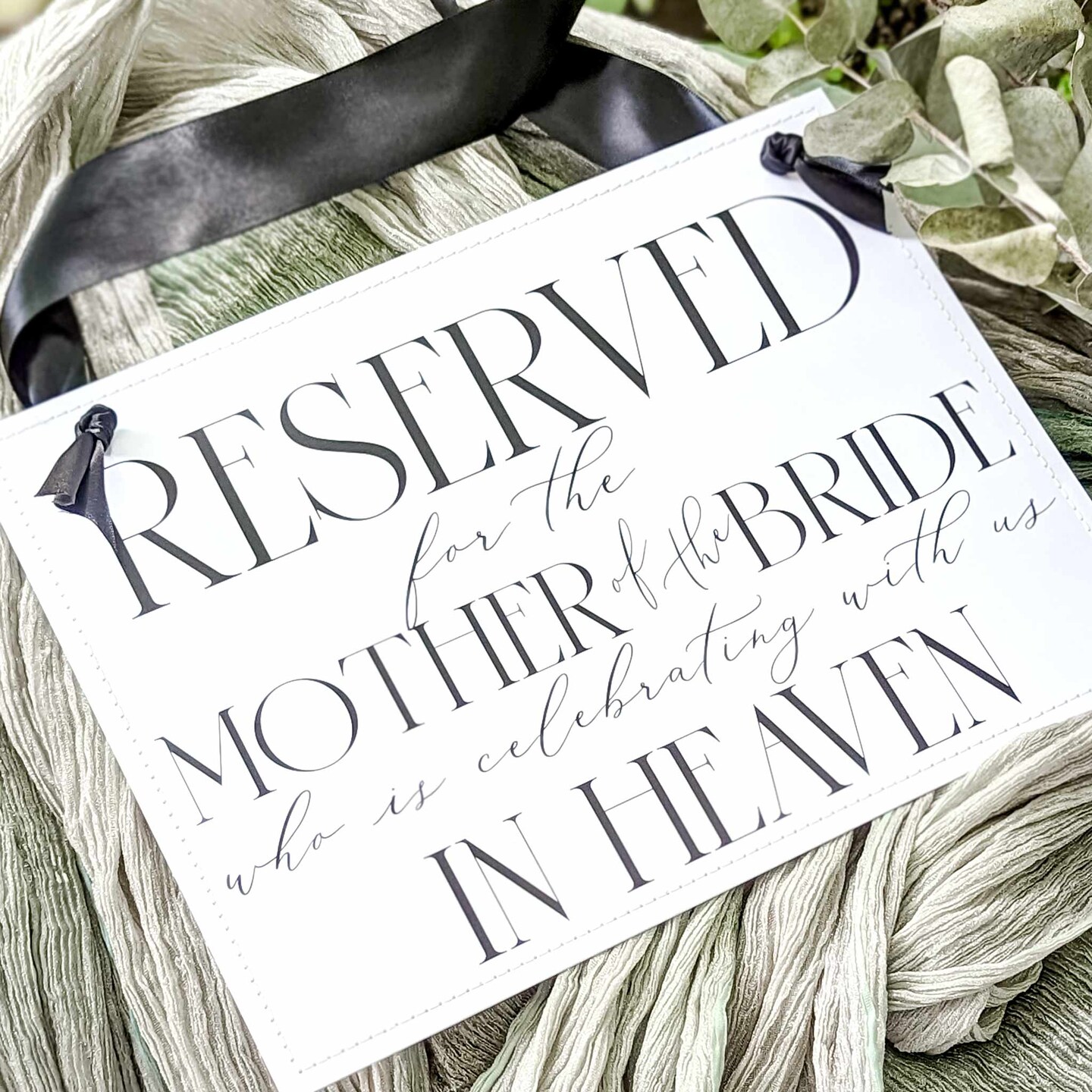 Ritzy Rose Mother of the Bride Memorial Sign - Black on 11x8in White Linen Cardstock with Black Ribbon