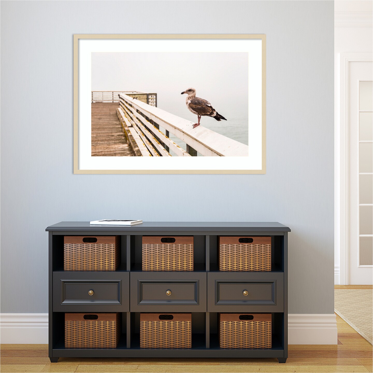 Sea gull on wharf by Alison Jones Danita Delimont Wood Framed Wall Art Print 41 in. W x 30 in. H