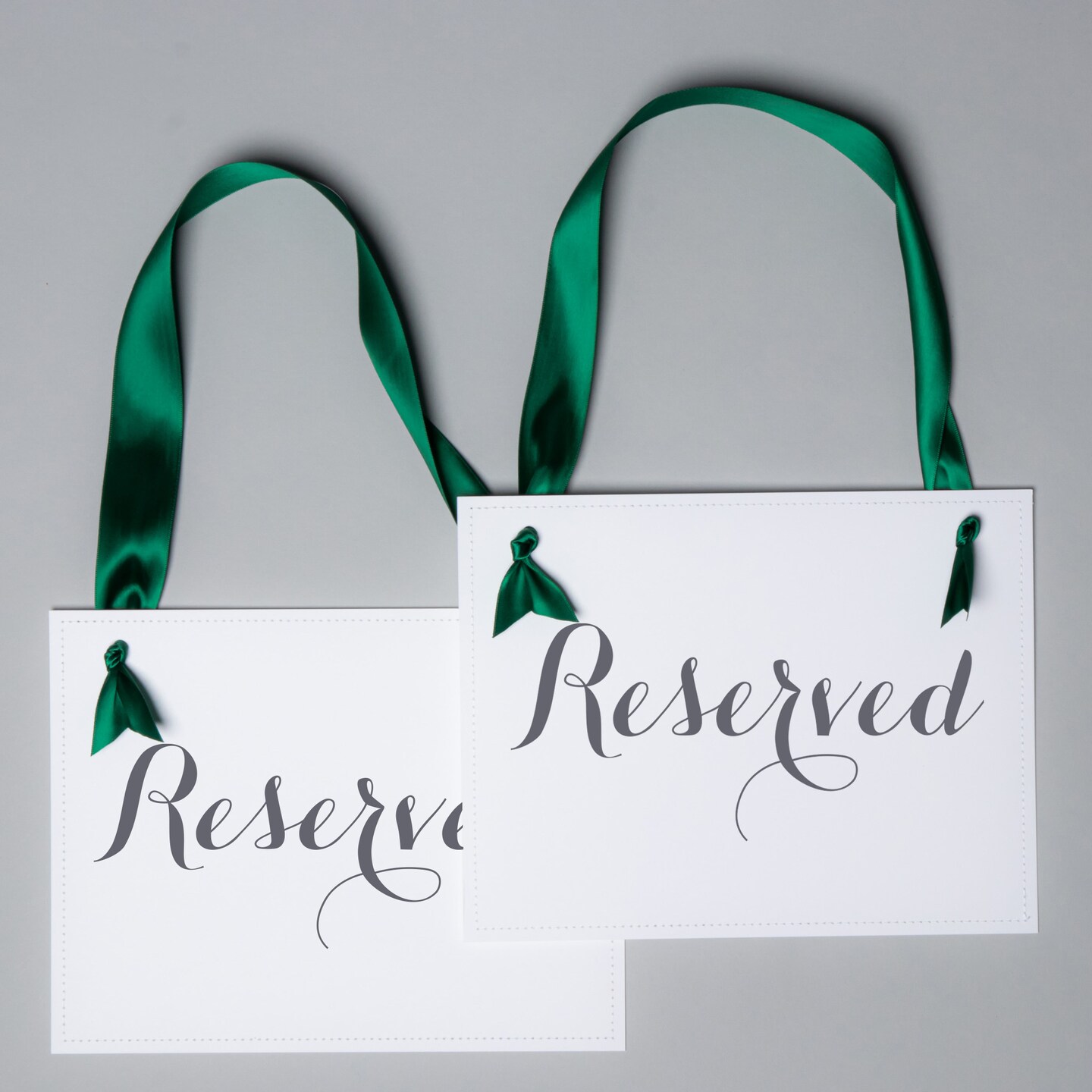 Ritzy Rose 2 Reserved Signs - Slate on 11x8in white Linen Cardstock with emerald green Ribbon