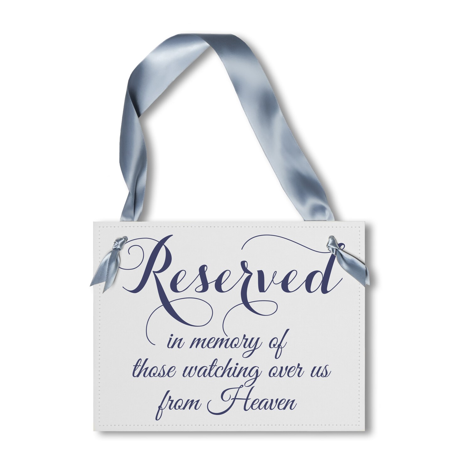 Ritzy Rose Memorial Chair Sign - Navy Blue on 11x8in White Linen Cardstock with Dusty Blue Ribbon