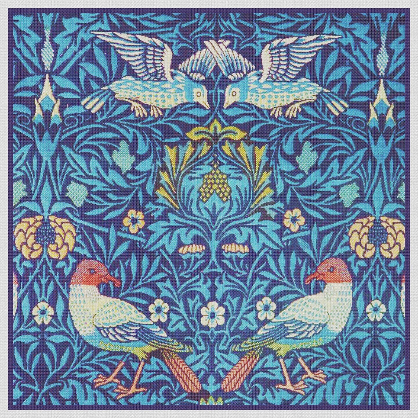 William Morris 4 Birds in Blues Counted Cross Stitch Chart Pattern