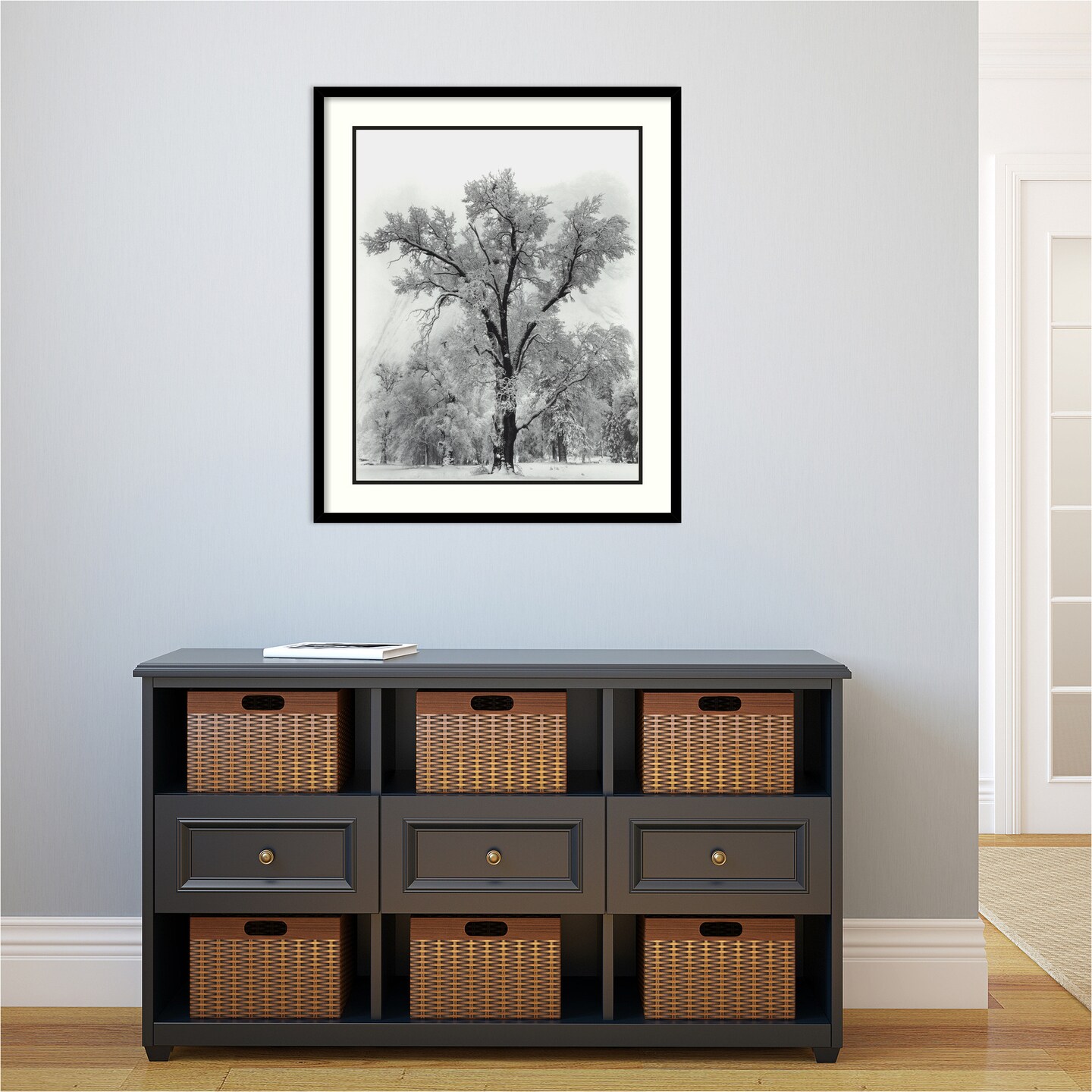 Oak Tree Snowstorm Yosemite National Park 1948 by Ansel Adams Wood Framed Wall Art Print 27 in. W x 32 in. H