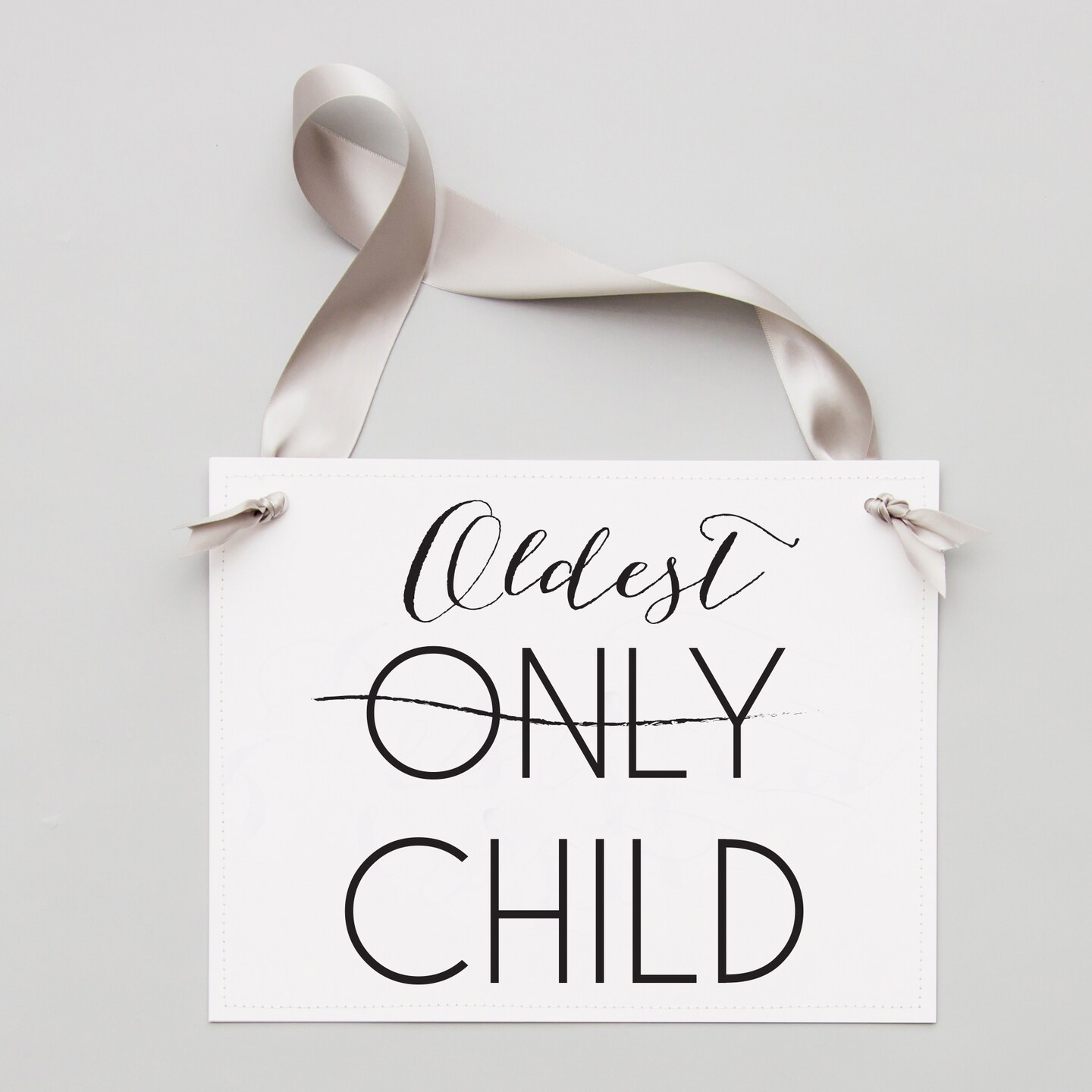 Ritzy Rose Pregnancy Announcement Sign - Black on 11x8in White Linen Cardstock with Gray Ribbon