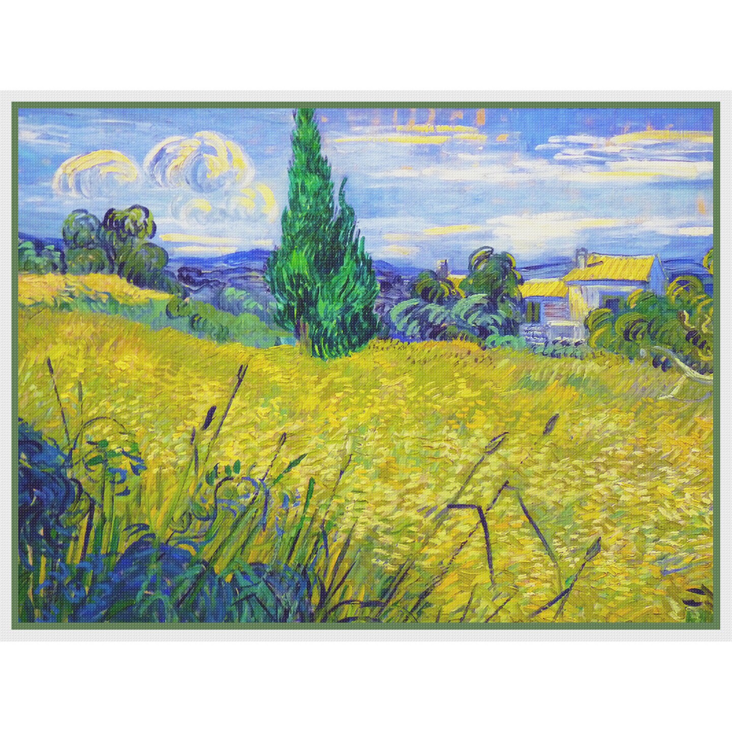 Green Wheat Field with Cypress Trees inspired by Impressionist Vincent Van Gogh&#x27;s Painting Counted Cross Stitch Pattern